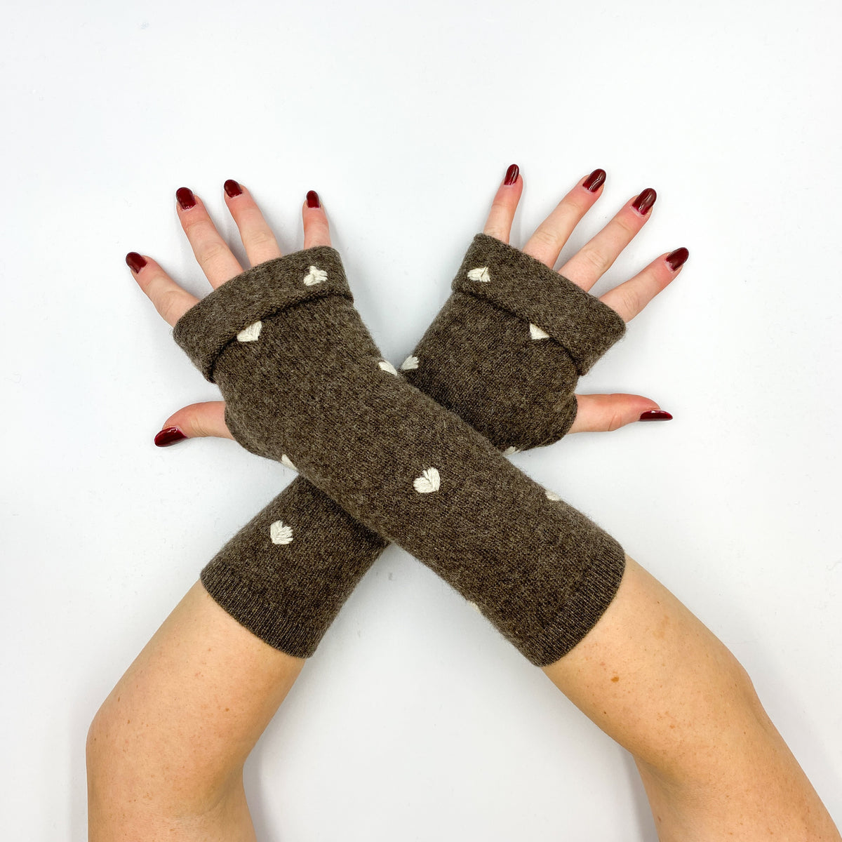 Mole Brown Heart Embrodiered Fingerless Gloves
