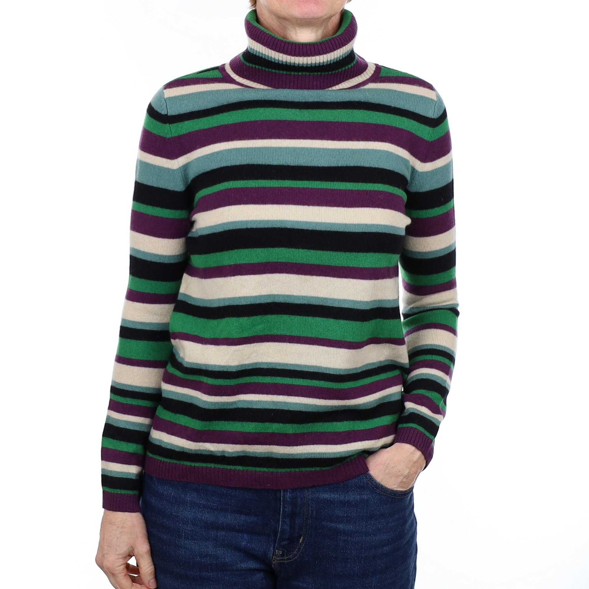Purple and Green Striped Cashmere Polo Neck Jumper Small