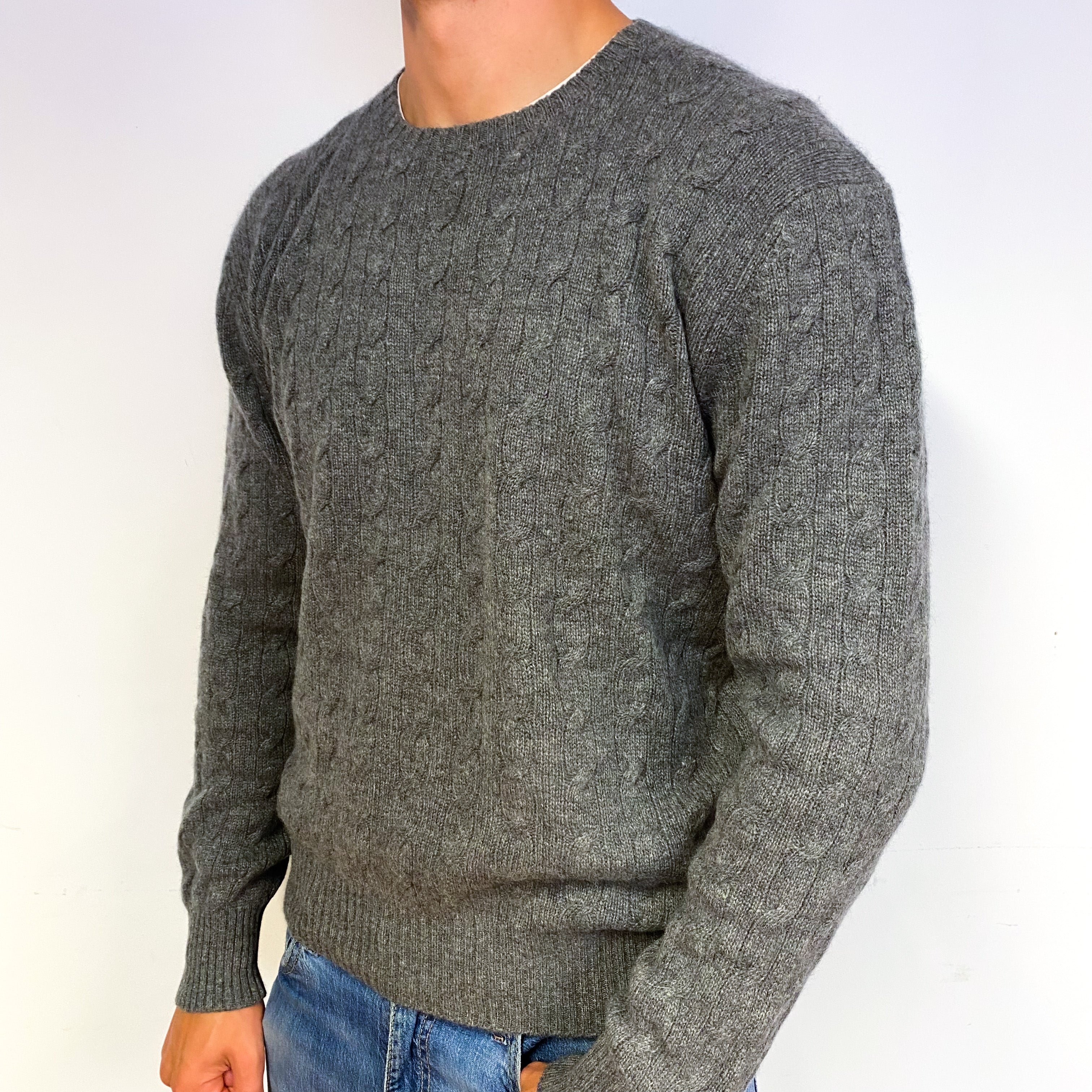 Men's Slate Grey Chunky Cable Knit Cashmere Crew Neck Jumper Extra Large
