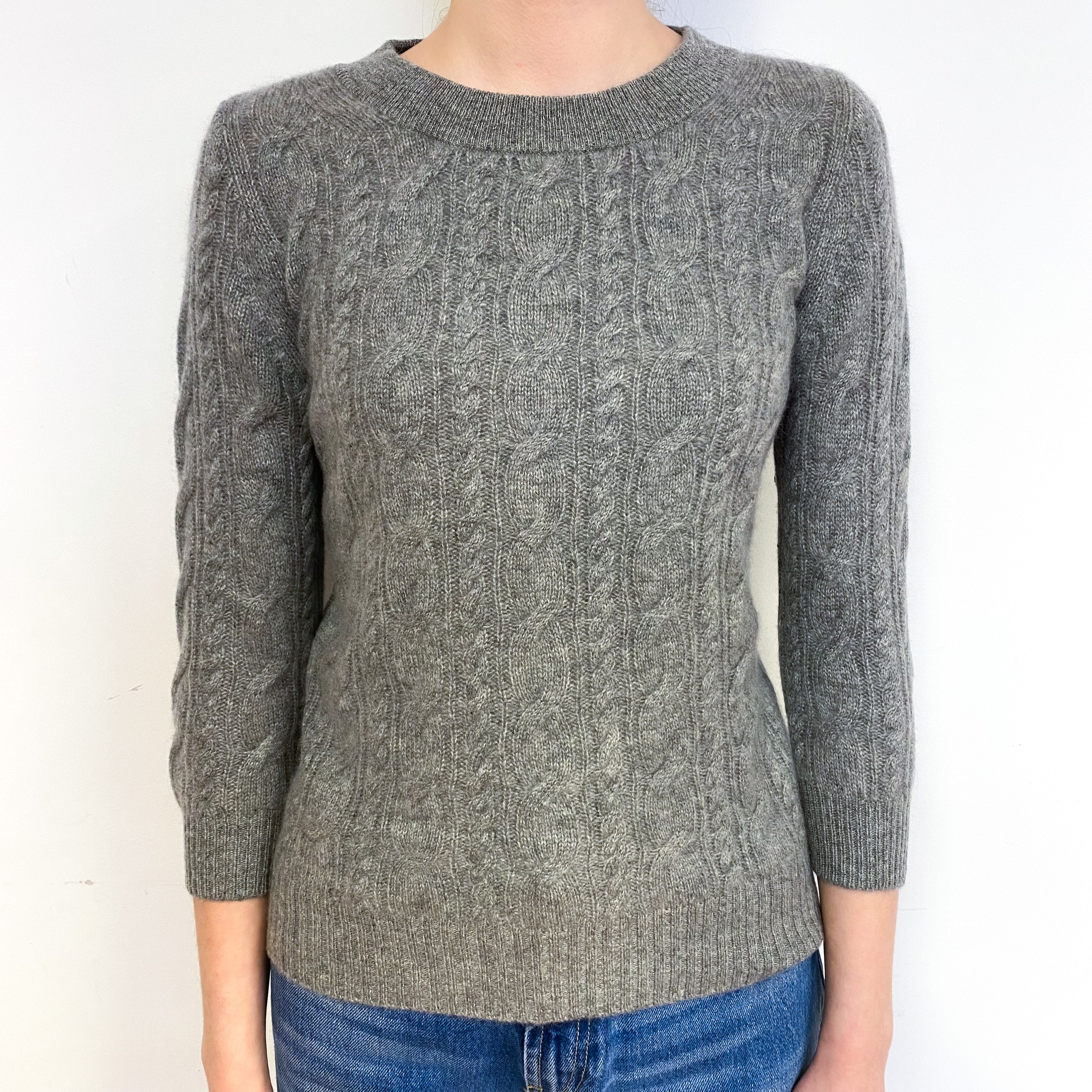Ash Grey Cable Cashmere Crew Neck Jumper Extra Small