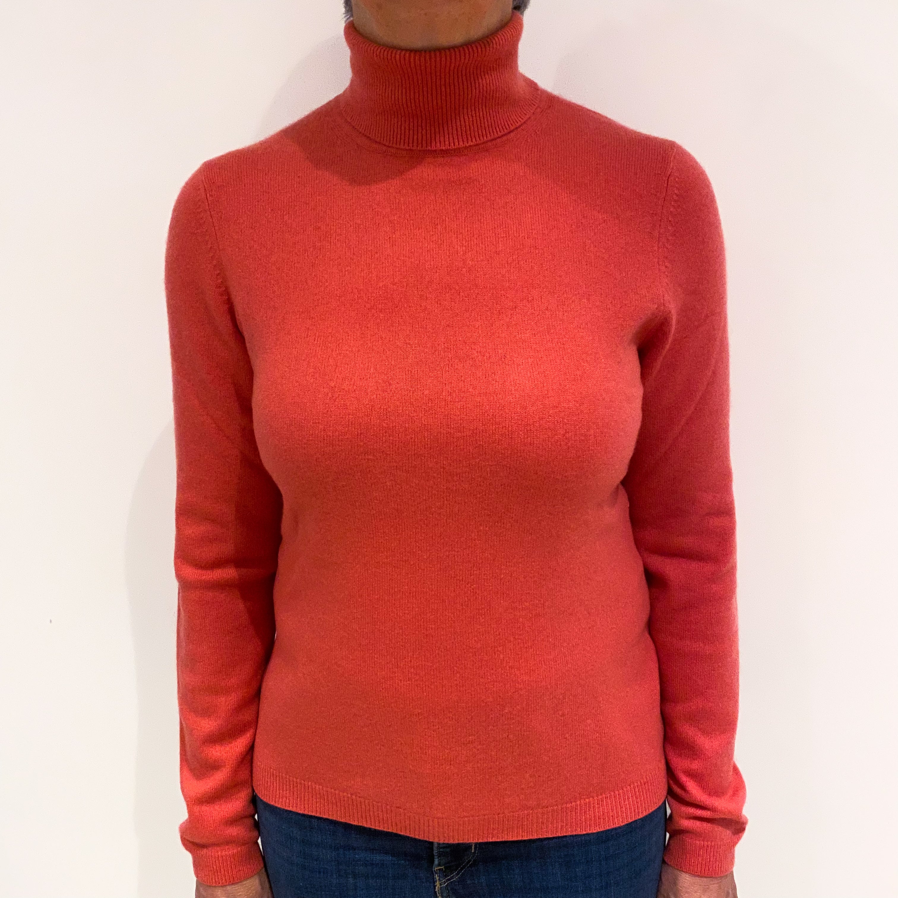 Deep Coral Pink Cashmere Polo Neck Jumper Medium