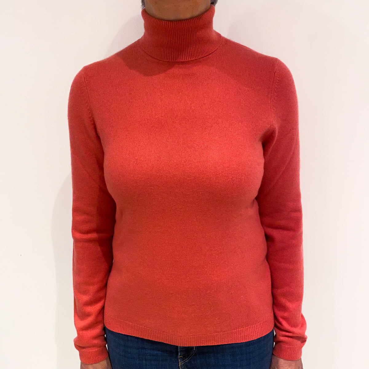 Deep Coral Pink Cashmere Polo Neck Jumper Medium