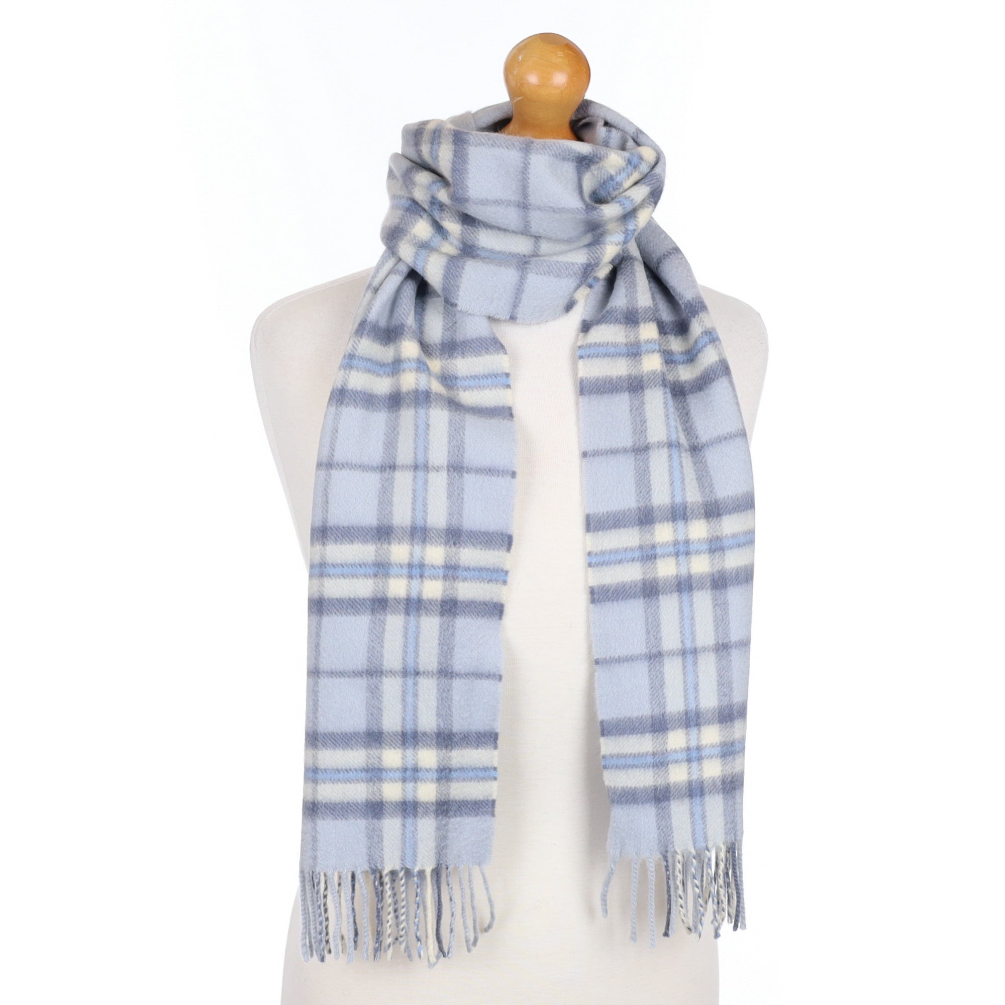 Scottish Pale Blue Checked Cashmere Fringed Woven Scarf