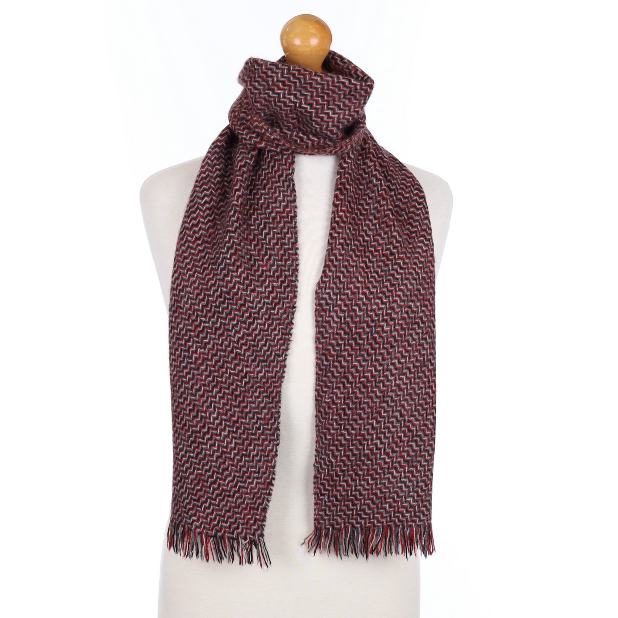 Red and Grey Zigzag Patterned Cashmere Fringed Woven Scarf