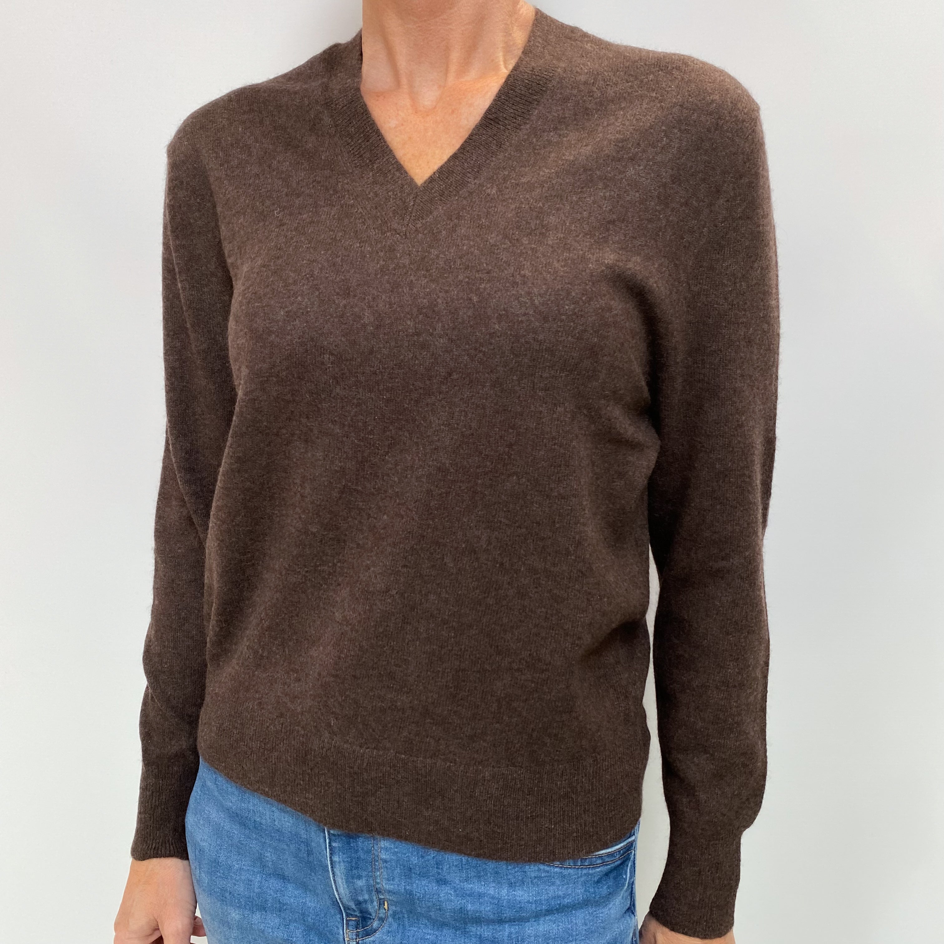 Dark Chocolate Brown Cashmere V Neck Jumper Small