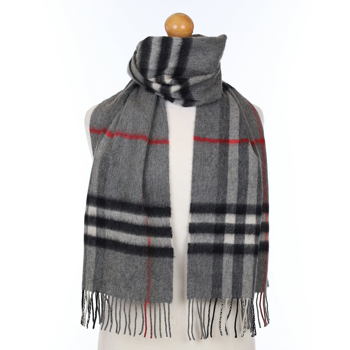 Grey And Red Checked Cashmere Woven Scarf