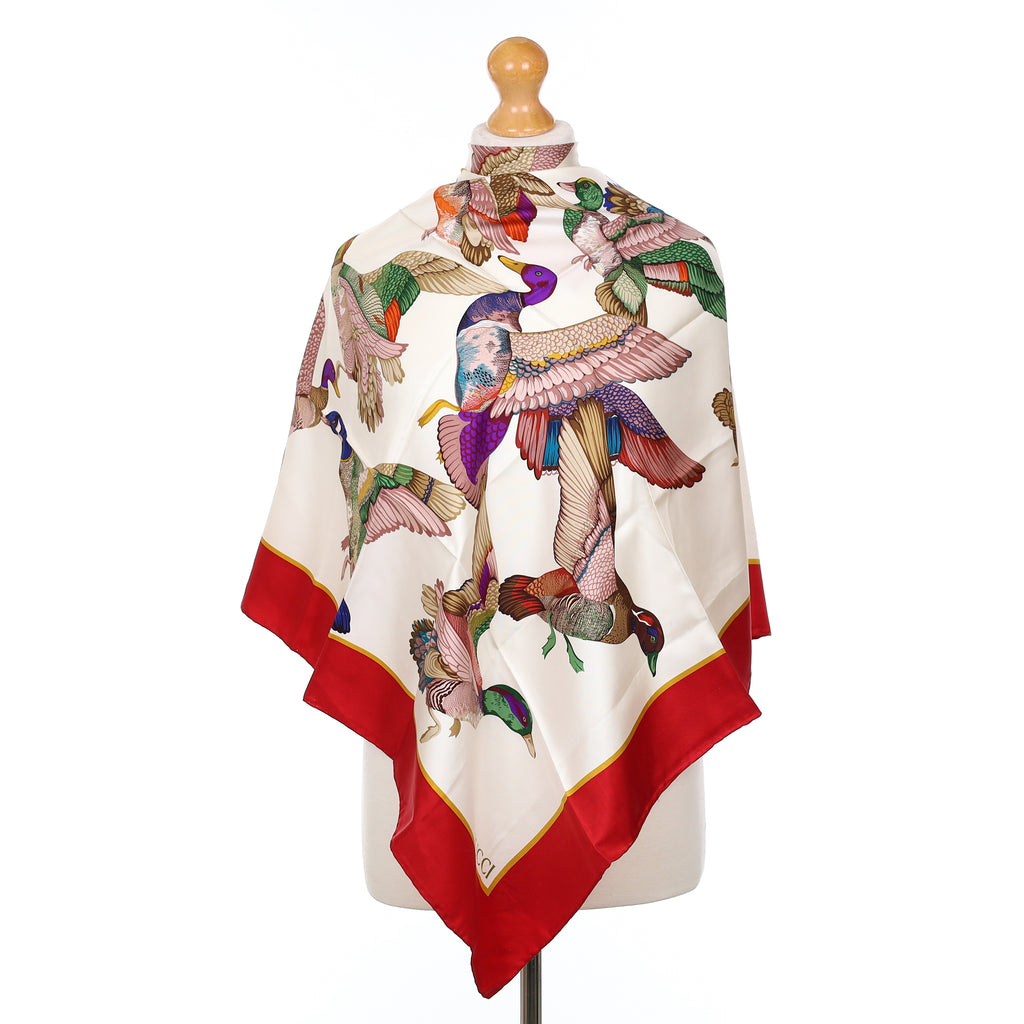 Brand New Gucci Red Ducks In Flight Vintage Silk Scarf