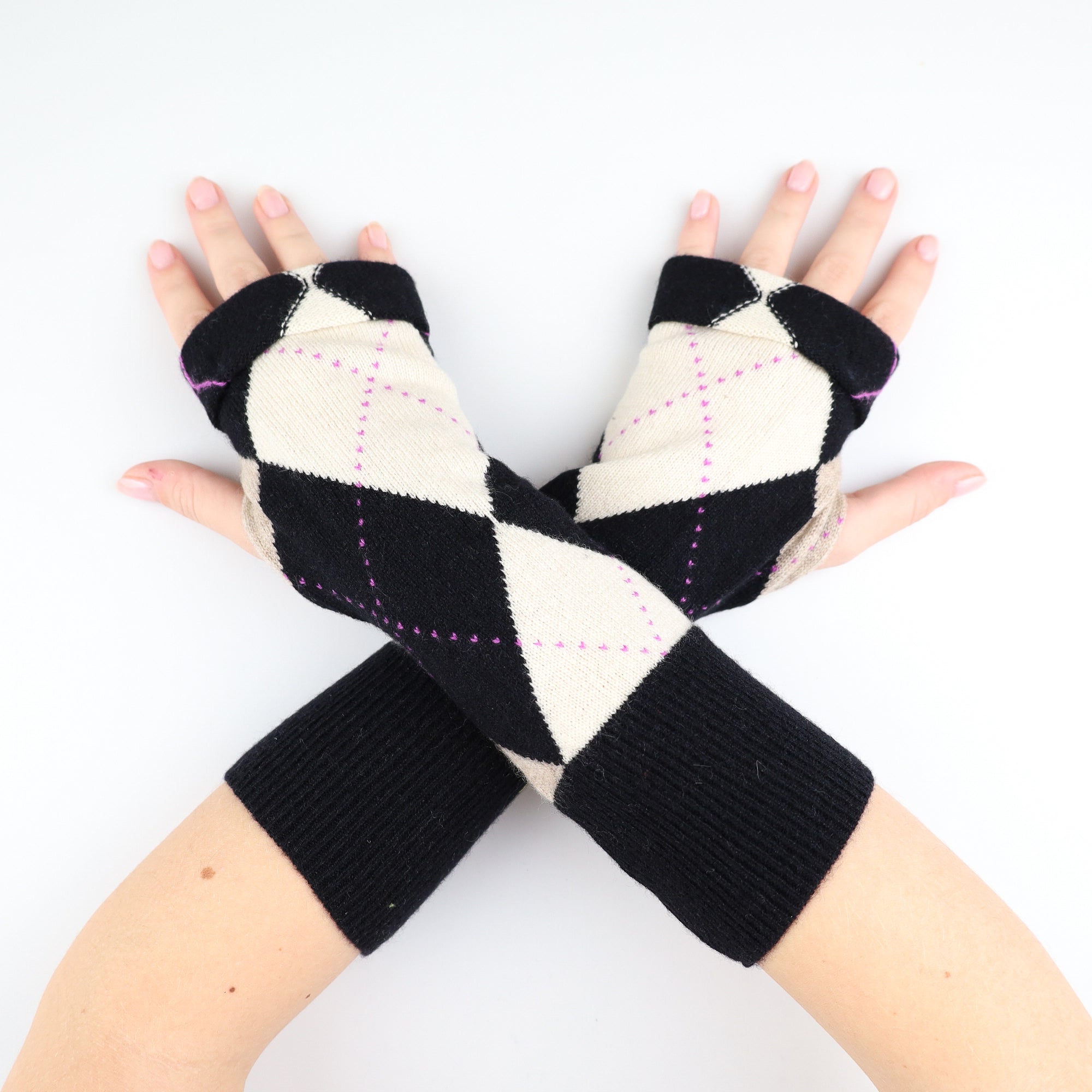 Cream Purple and Black Patterned Fingerless Gloves