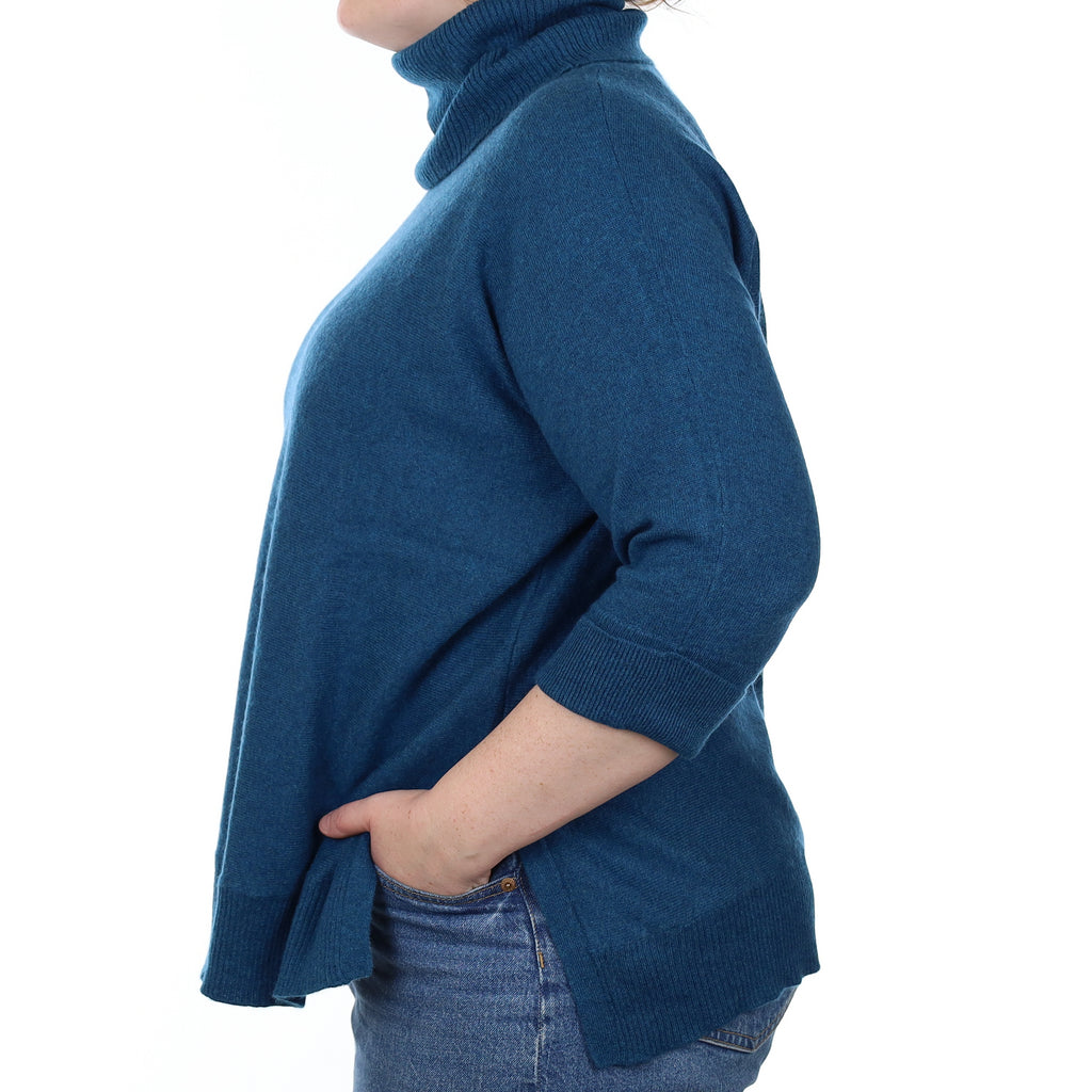 Teal Blue Cashmere Slouchy Batwing Polo Neck Jumper Large