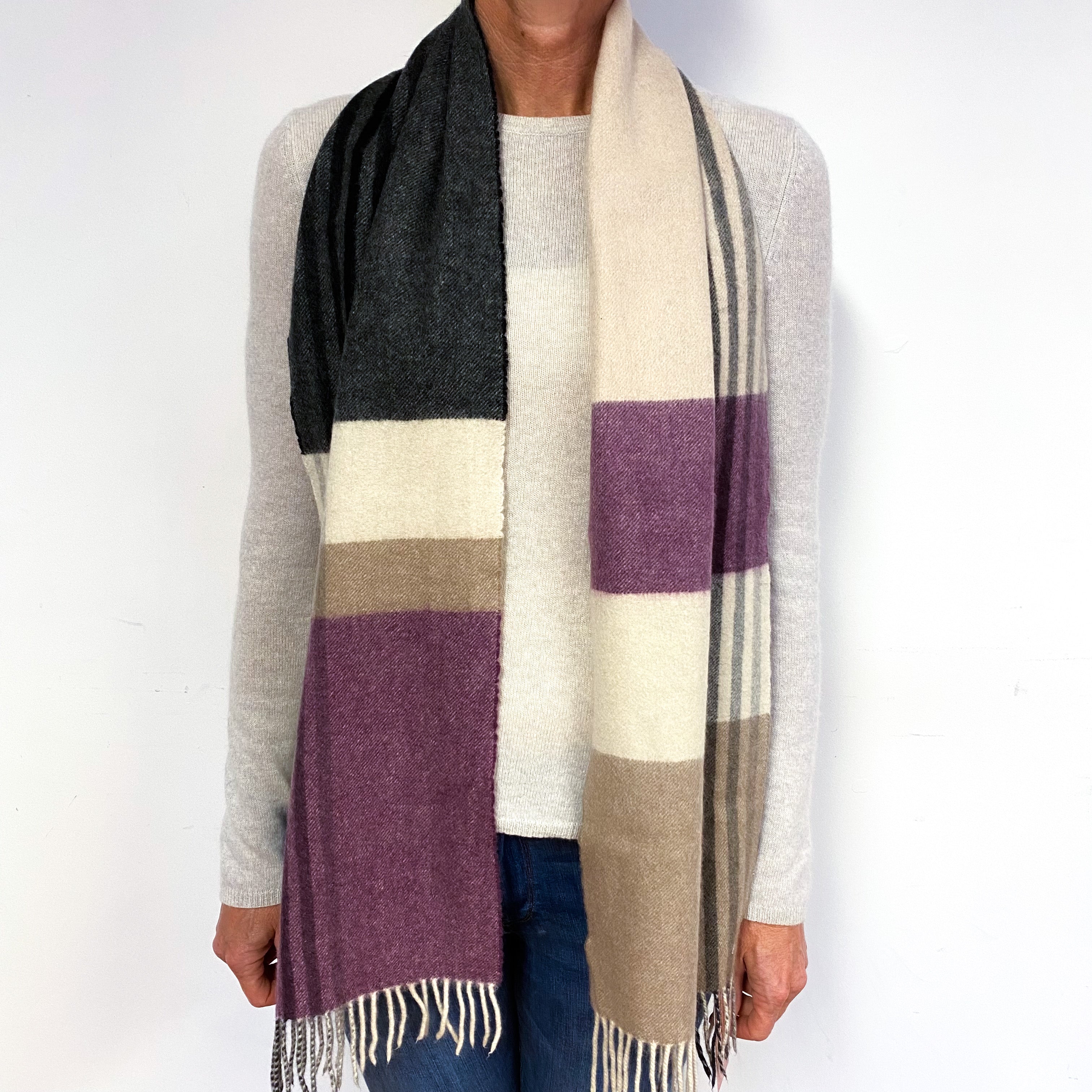 Purple, Beige and Grey Colour Block Cashmere Fringed Woven Scarf