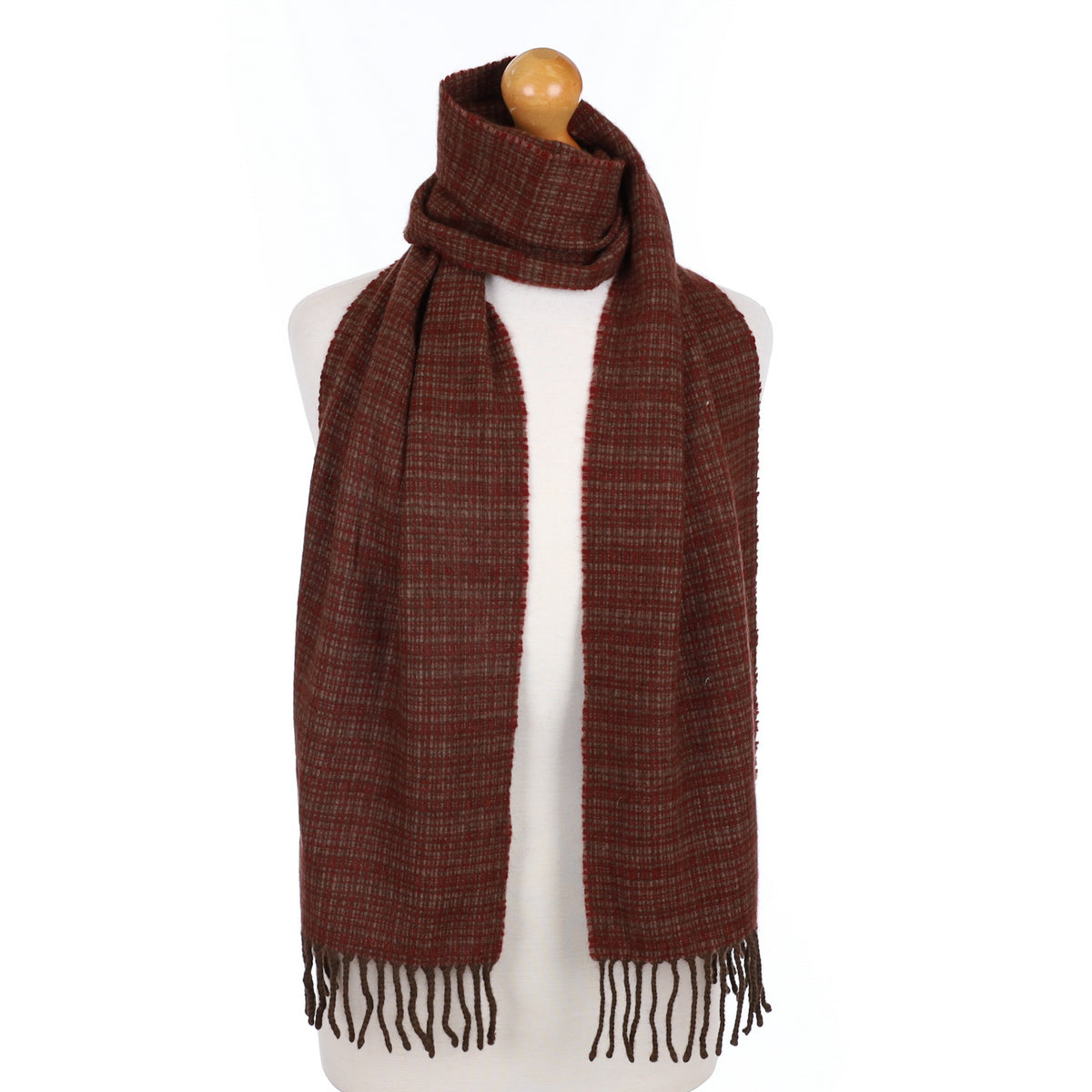 Mocha and Maroon Patterned Cashmere Fringed Woven Scarf