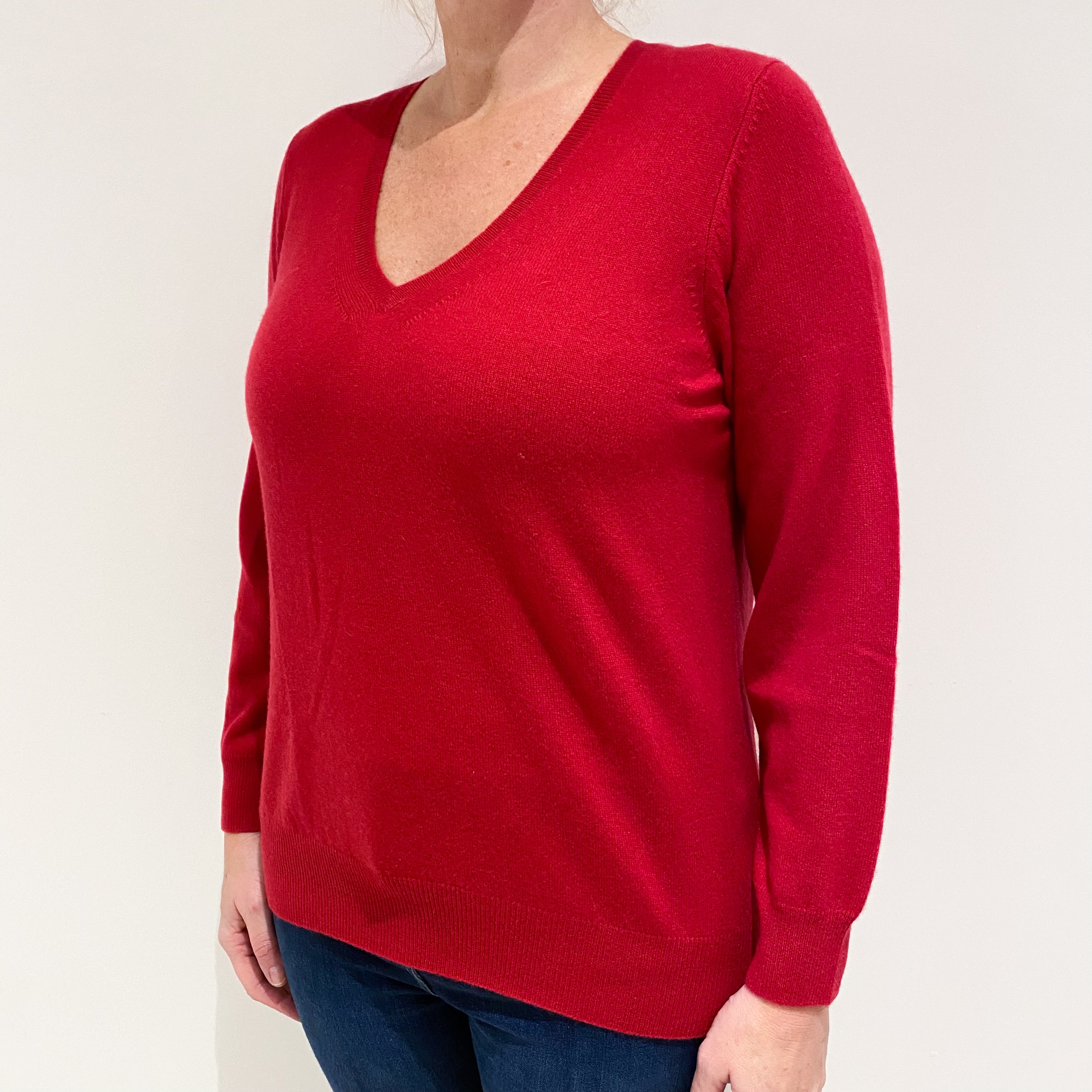 New Ruby Red Cashmere V-Neck Jumper Large