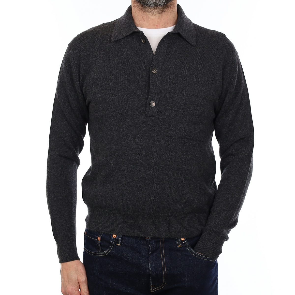 Men's Brand New Scottish Charcoal Grey Cashmere Collared 1/4 Button Jumper XS
