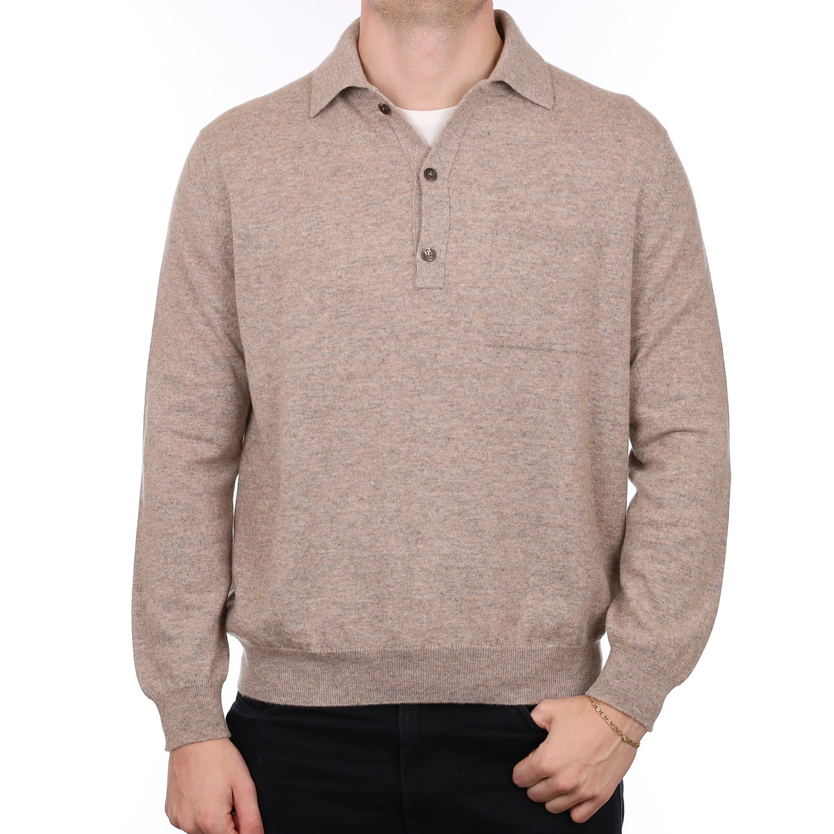 Men’s Brand New Scottish Fawn Marl Cashmere Collared 1/4 Button Jumper XXL