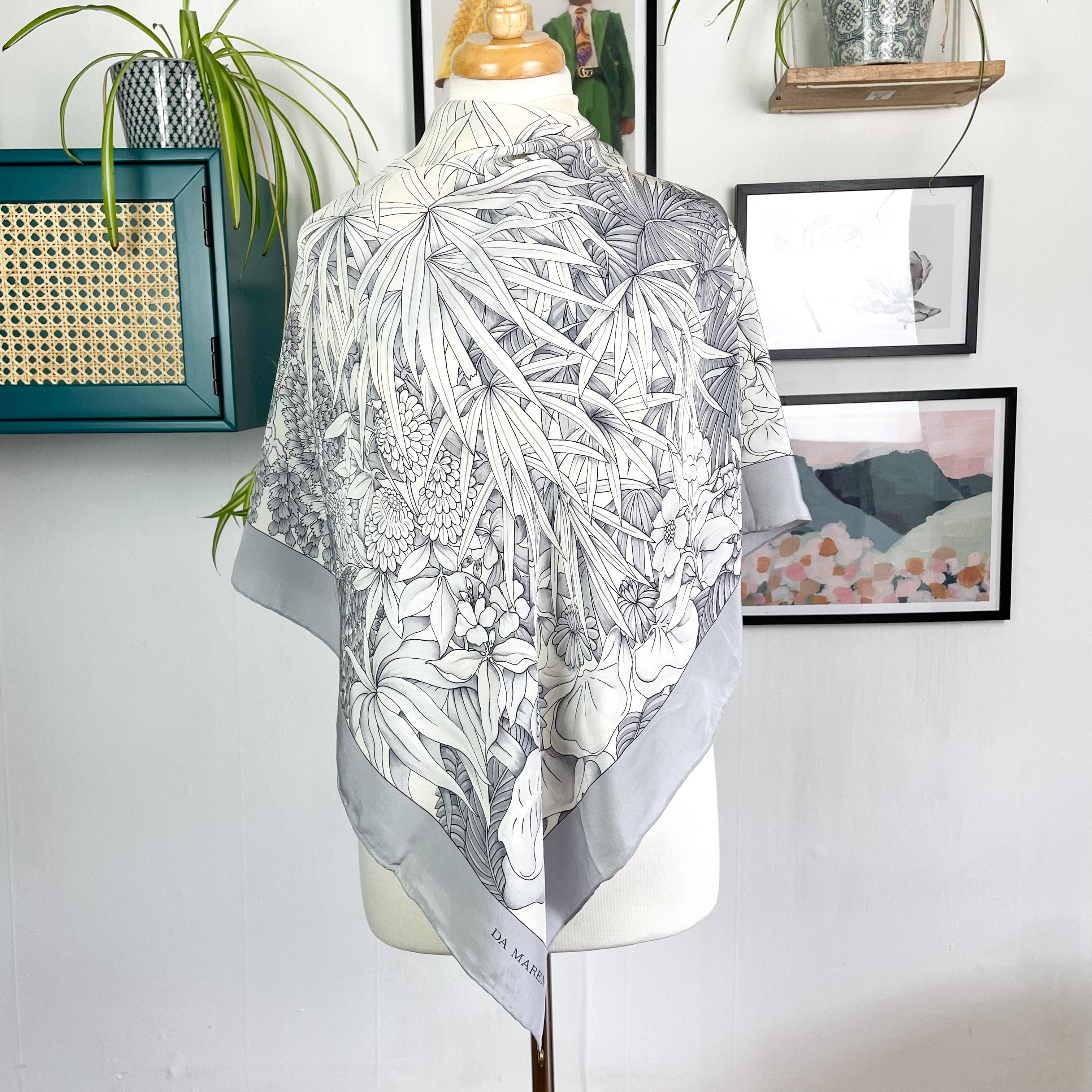 Grey Monochrome Italian Floral Silk Scarf