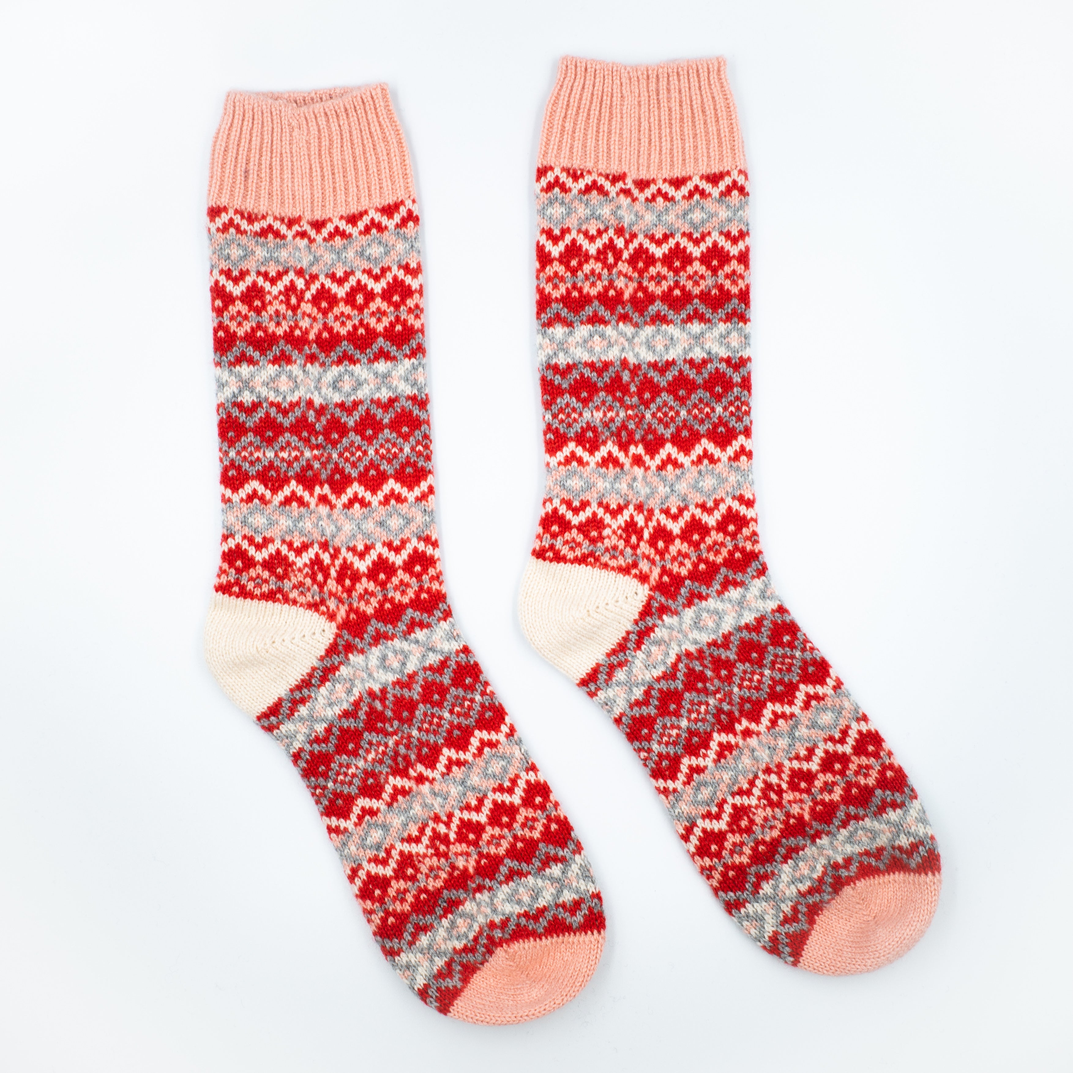 New Scottish Luxury Red/Pink Fair Isle Cashmere Bed Socks