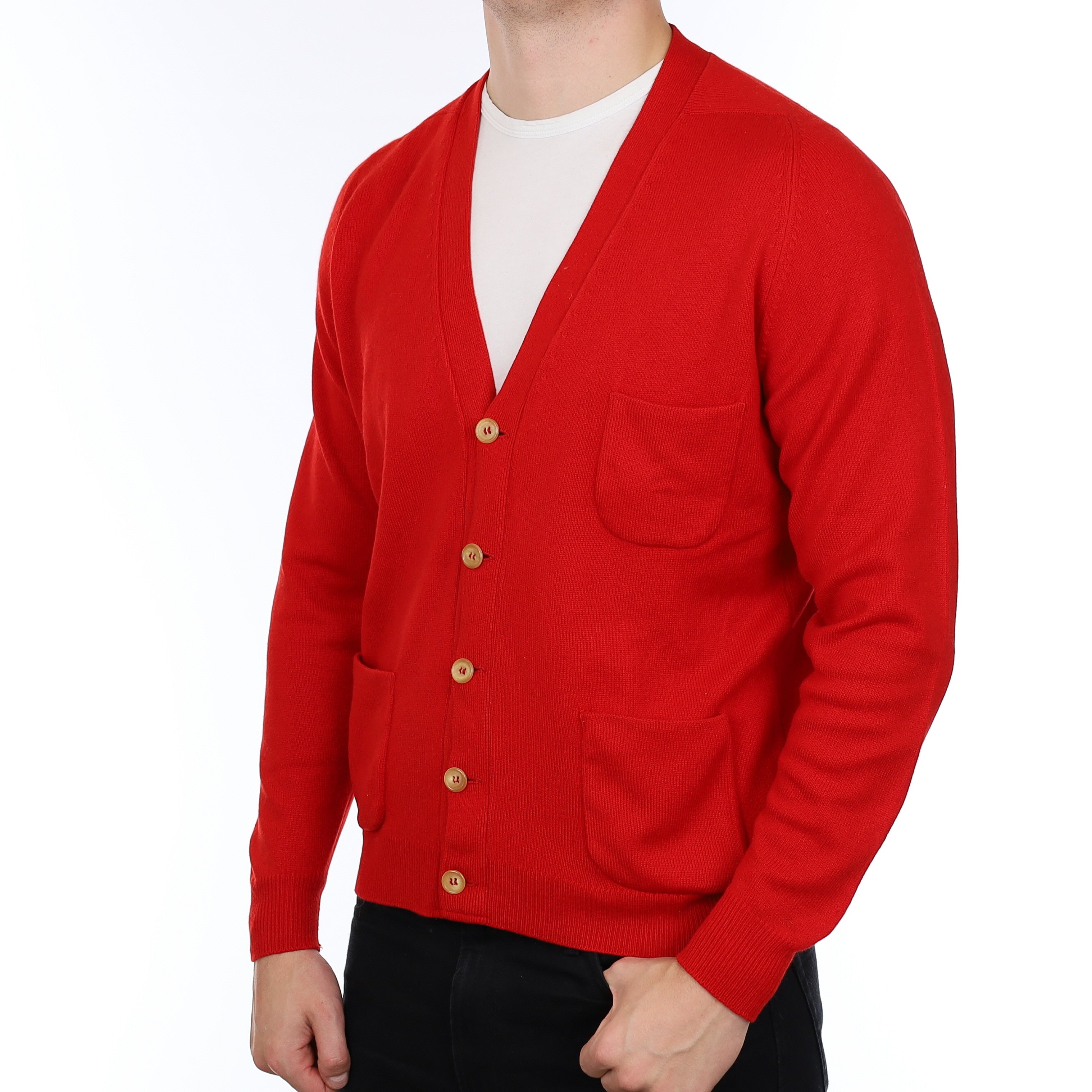 Men’s Scarlet Red Cashmere V Neck Cardigan Extra Large
