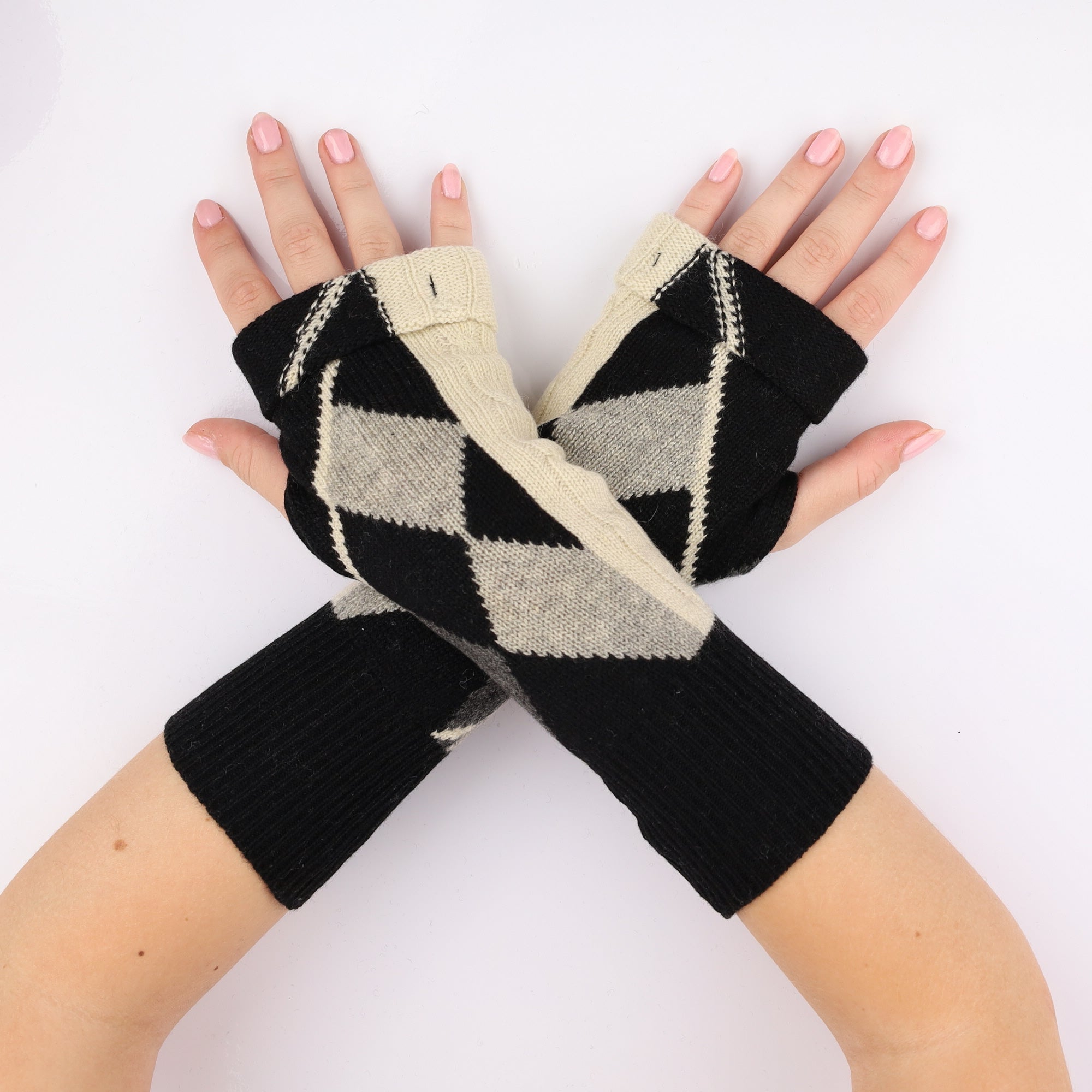 Black and Beige Patterned Fingerless Gloves