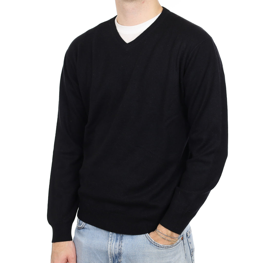 Men's Black Cashmere V Neck Jumper Large