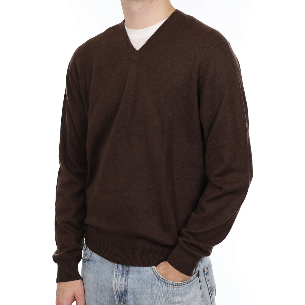 Men's Dark Chocolate Cashmere V Neck Jumper Large