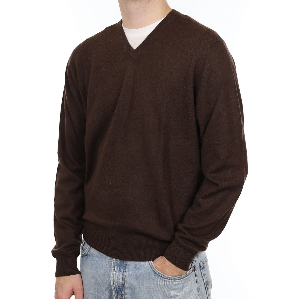 Men's Dark Chocolate Cashmere V Neck Jumper Large