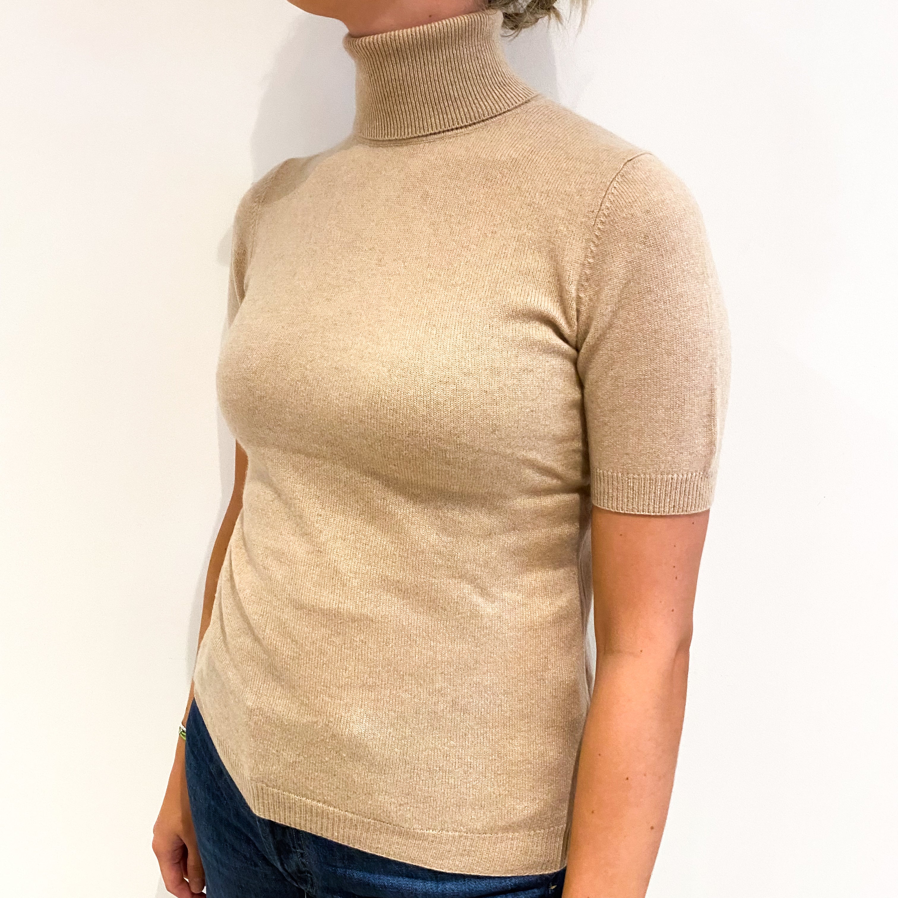 Buff Beige Cashmere Short Sleeved Polo Neck Jumper Small