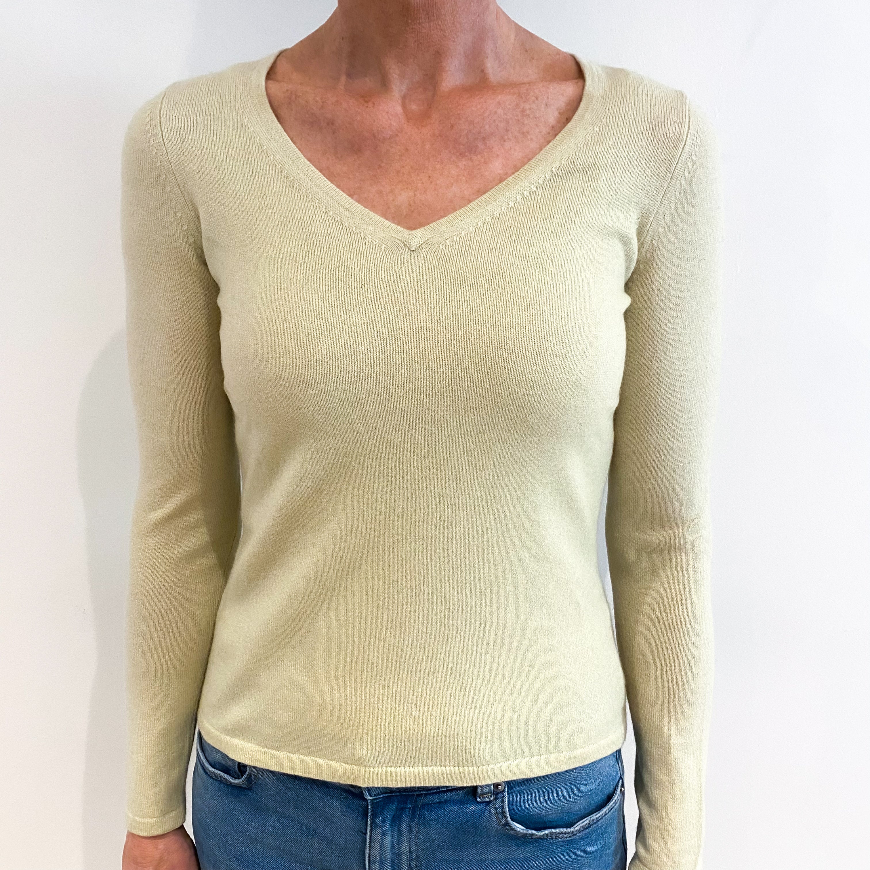 Pistachio Green Cashmere V Neck Jumper Small