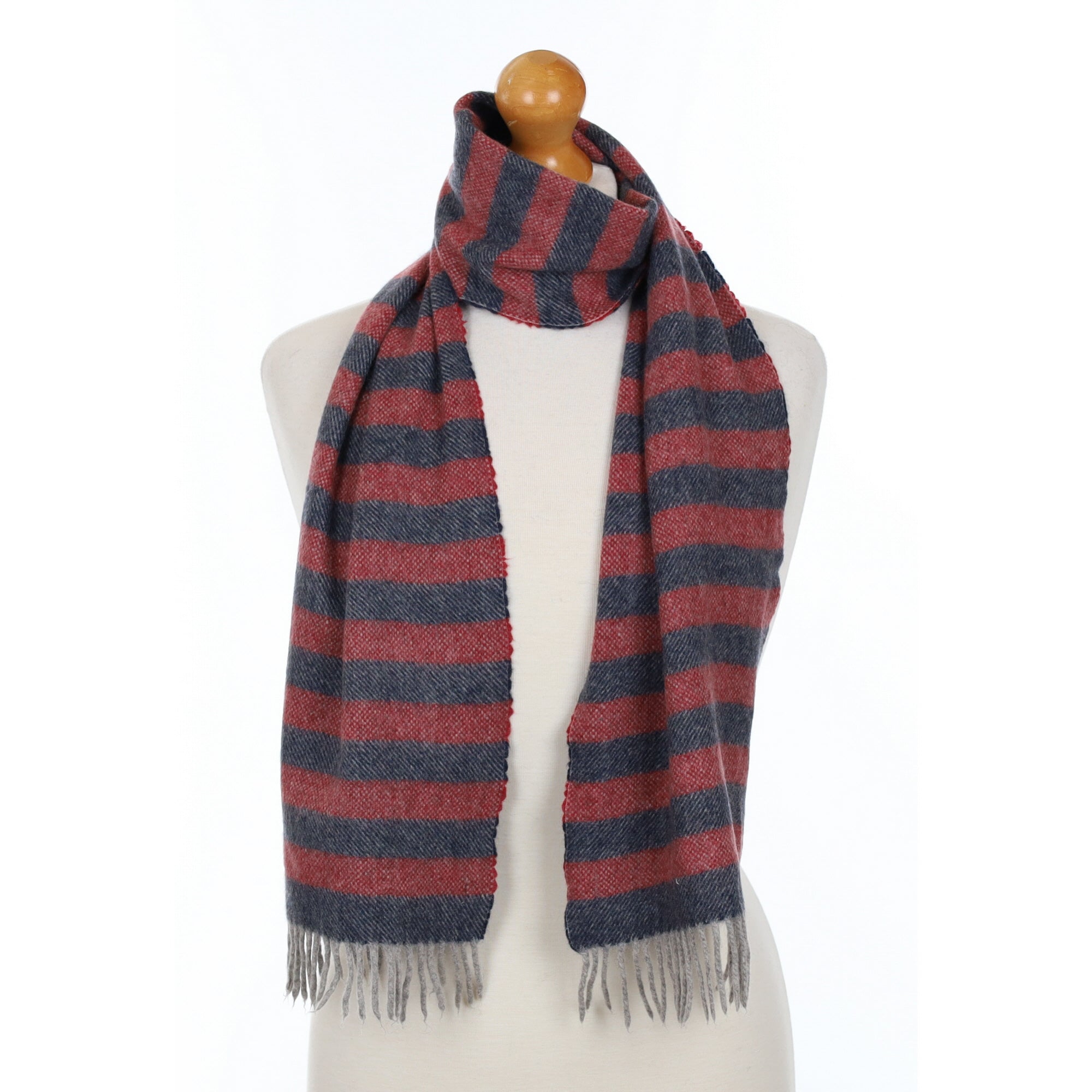 Burgundy and Navy Striped Cashmere Fringed Woven Scarf