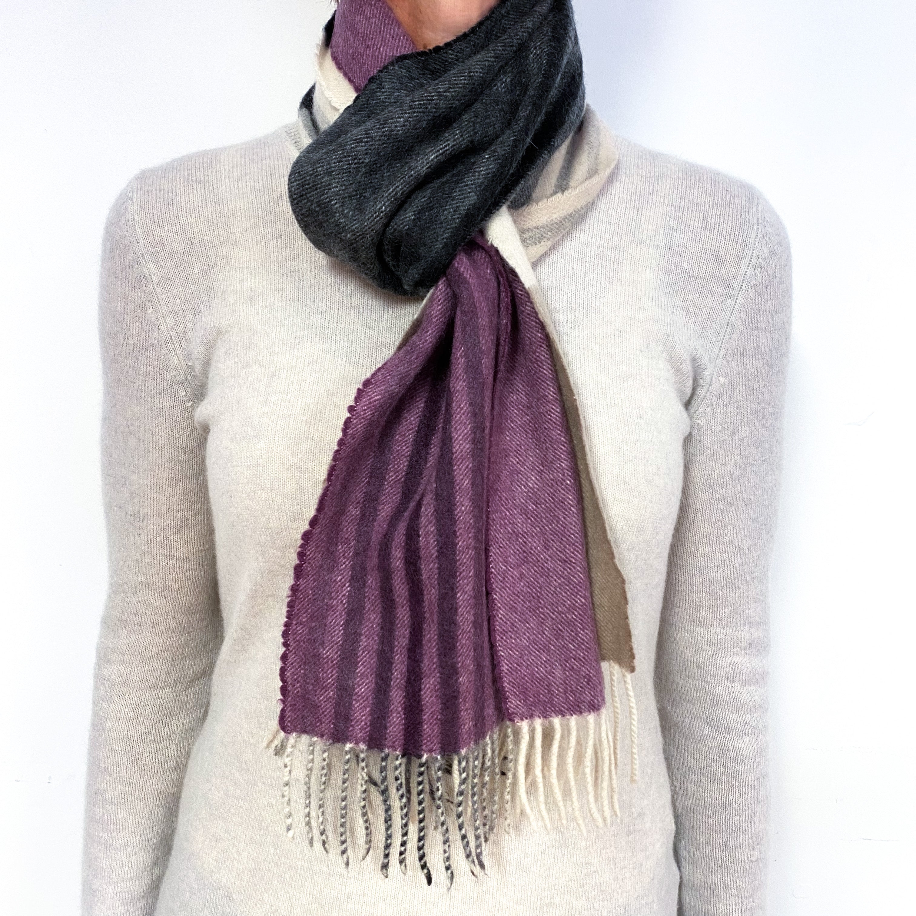 Purple, Beige and Grey Colour Block Cashmere Fringed Woven Scarf