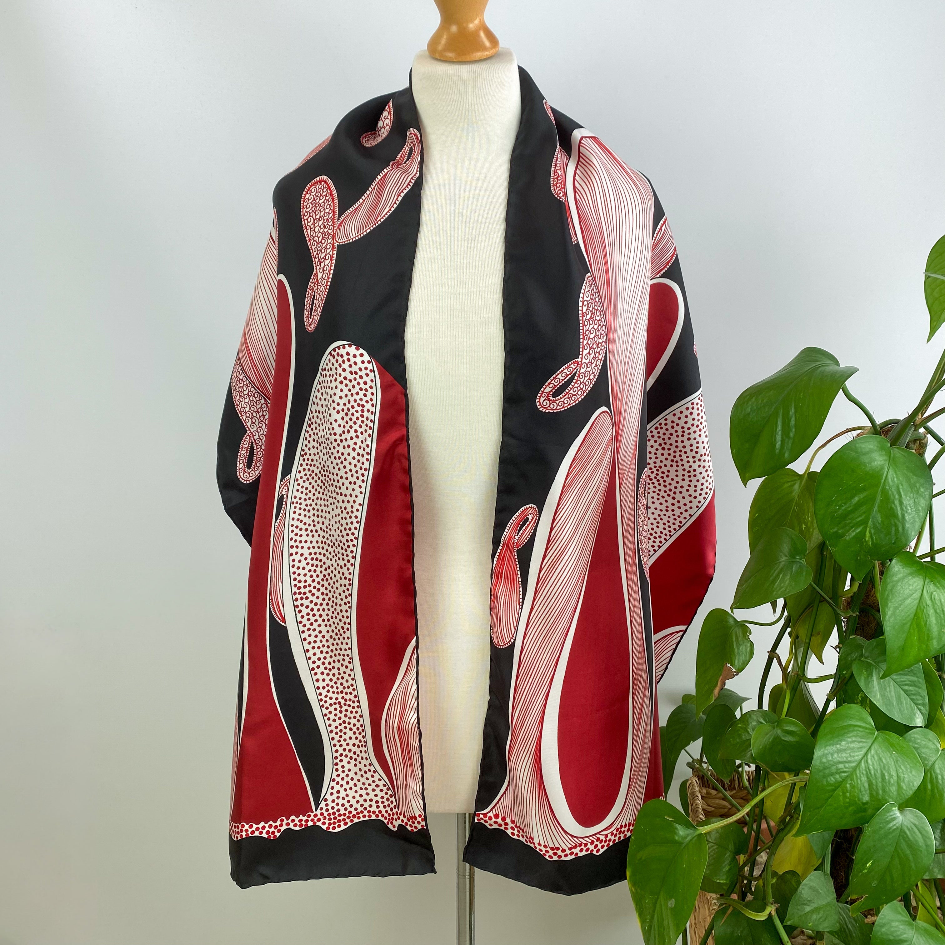 Abstract Paisley Black Red and White Long Silk Scarf