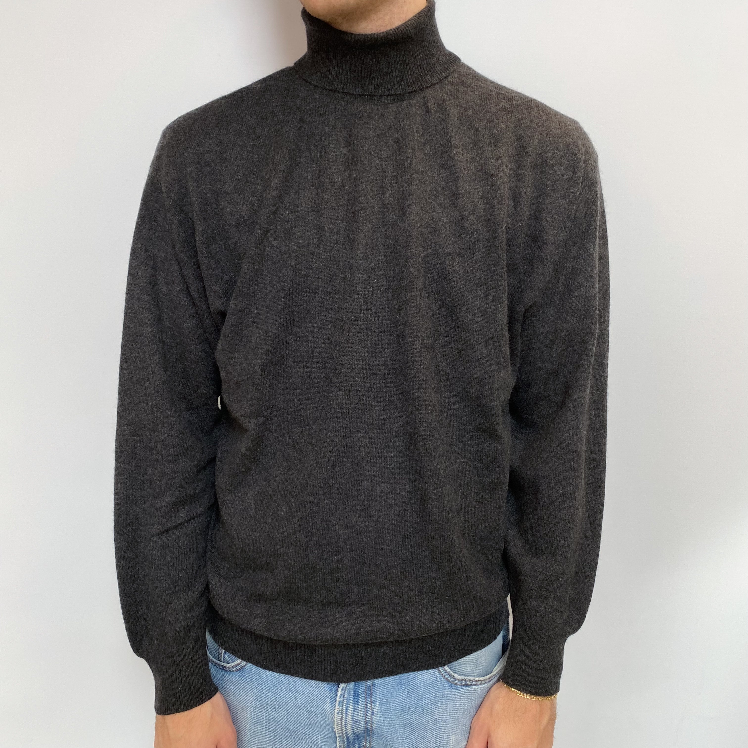 Men's Dark Grey Cashmere Polo Neck Jumper Large