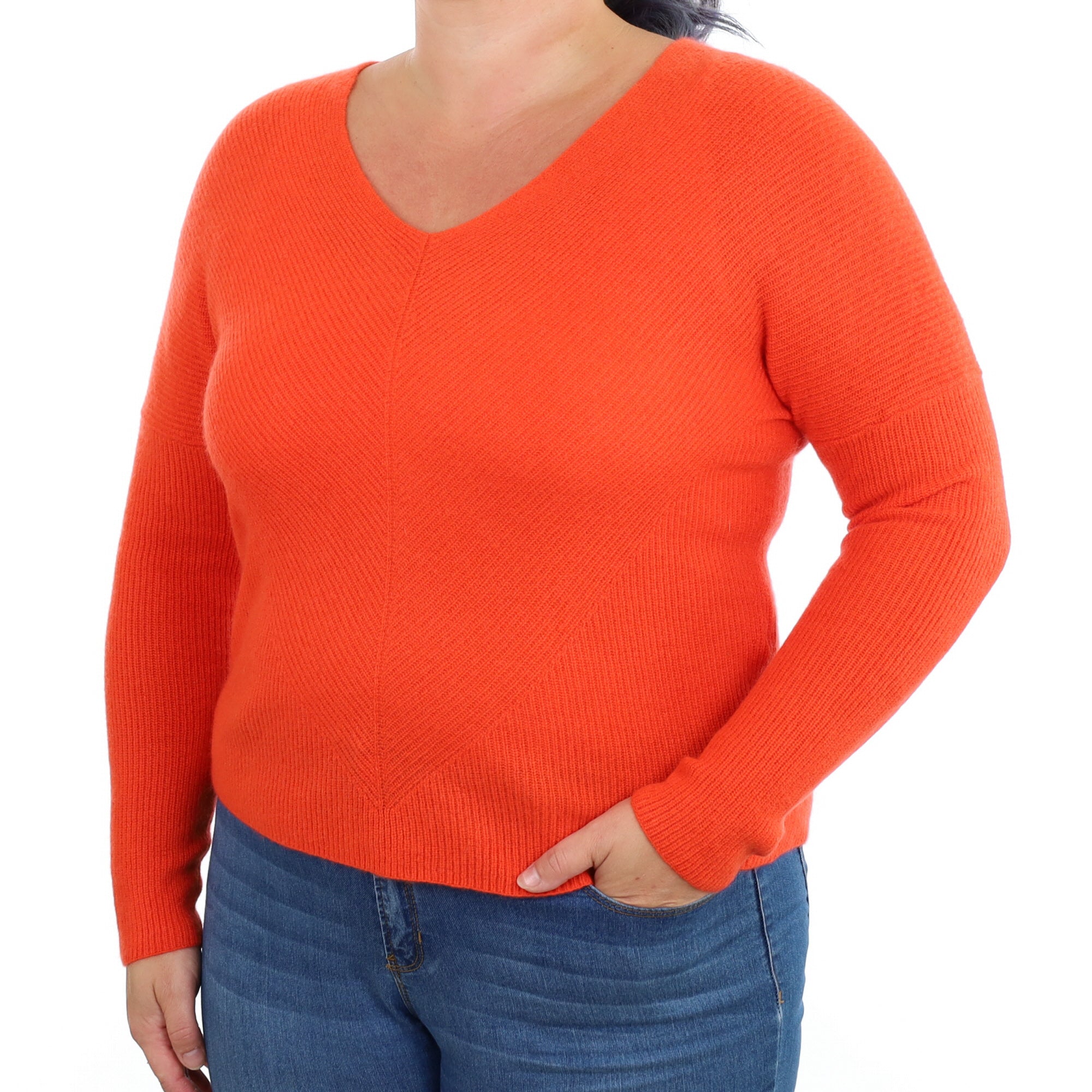 Maje Fiery Orange Rib Cashmere V Neck Jumper Large