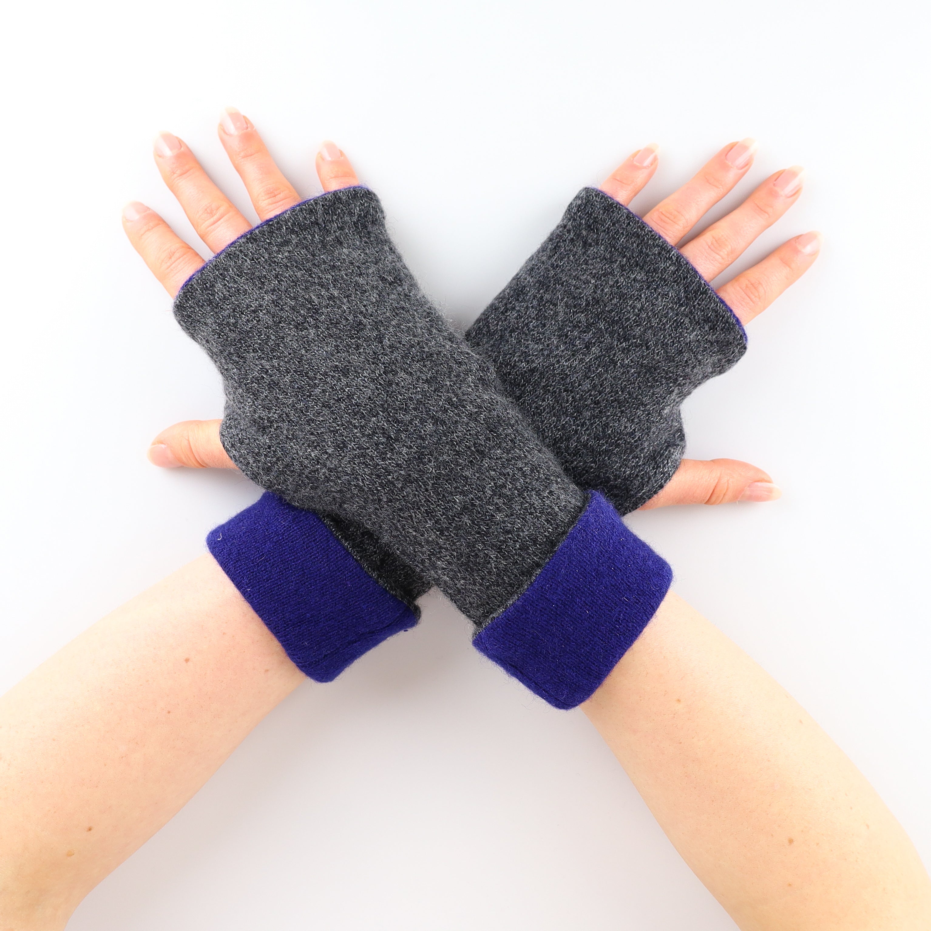 Granite Grey and Indigo Blue Reversible Cashmere Fingerless Gloves