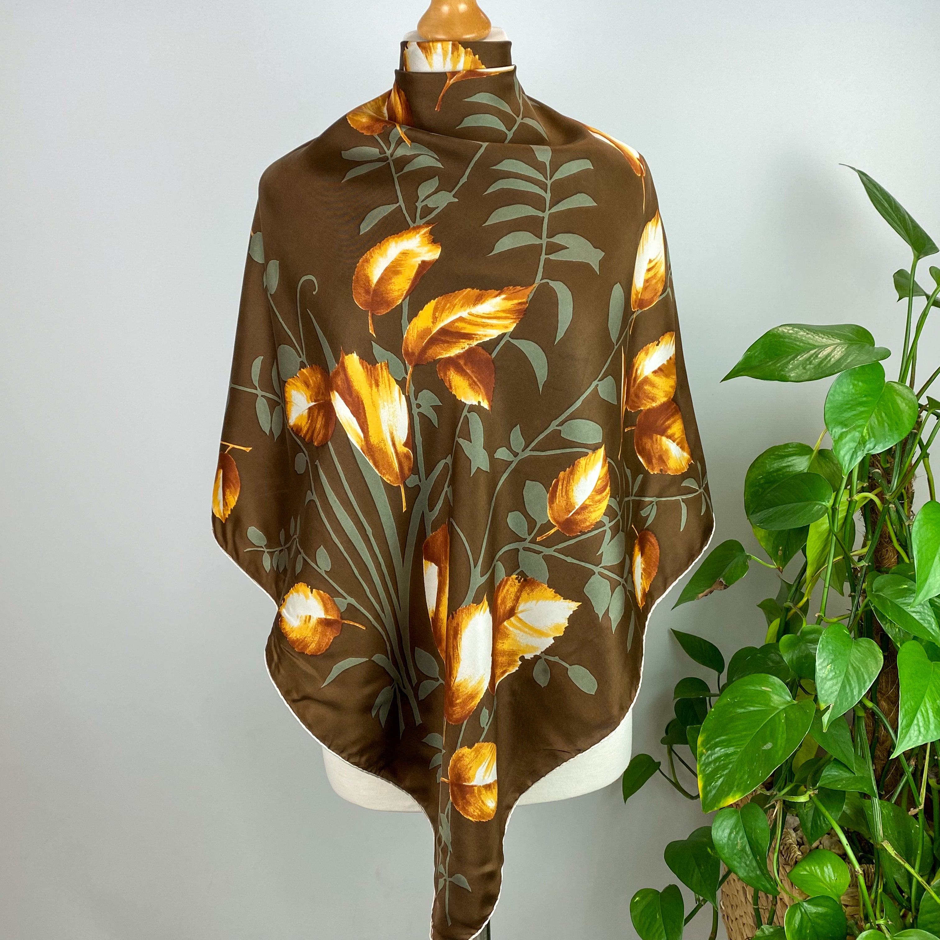Botanical Dark Brown Vintage Silk Scarf