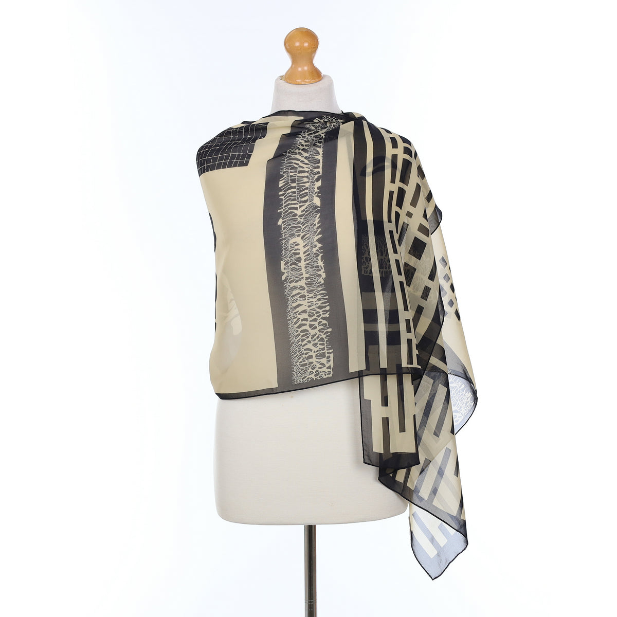 Jaeger Vintage Oatmeal And Black Patterned Vintage Silk Scarf