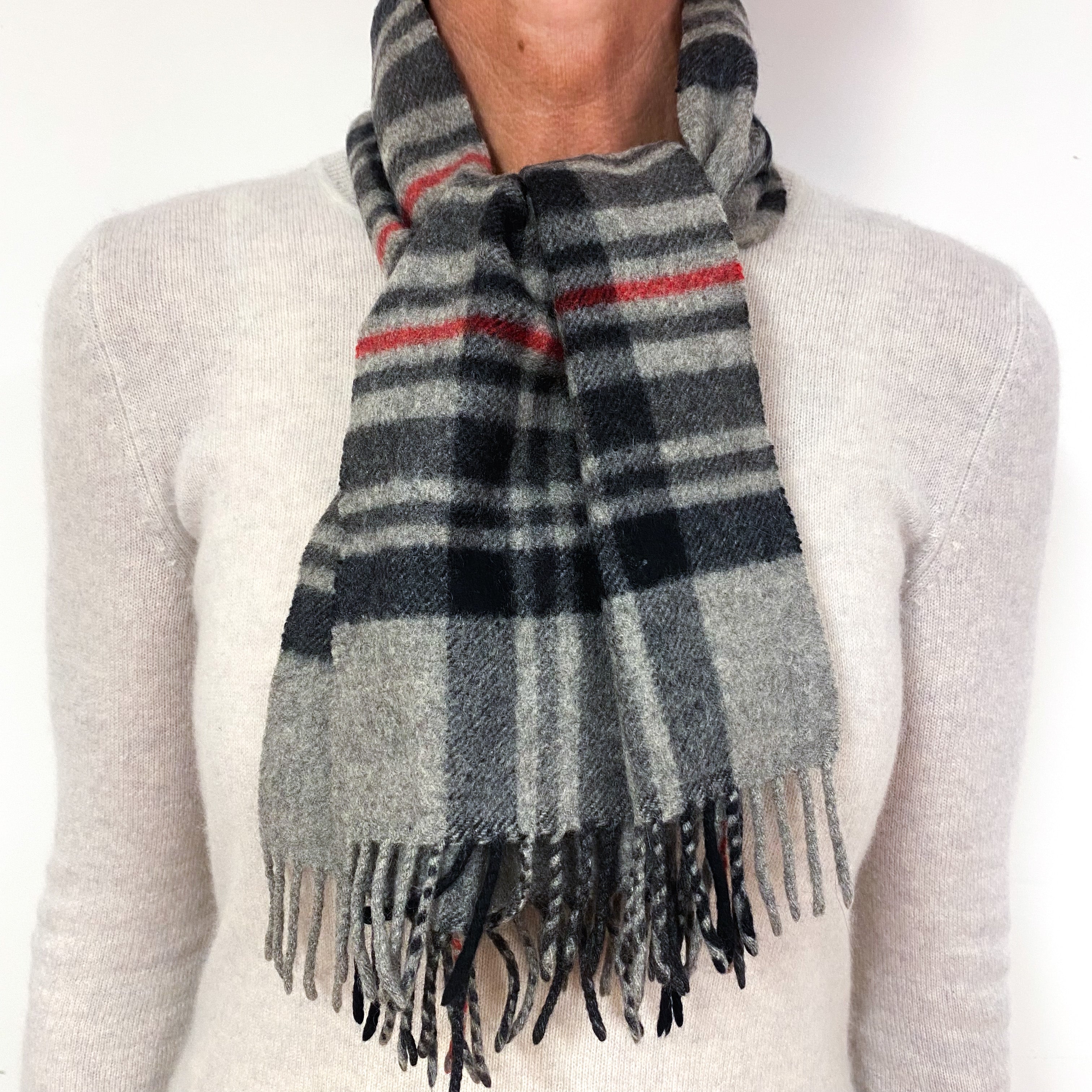 Grey and Red Checked Fringed Cashmere Woven Scarf