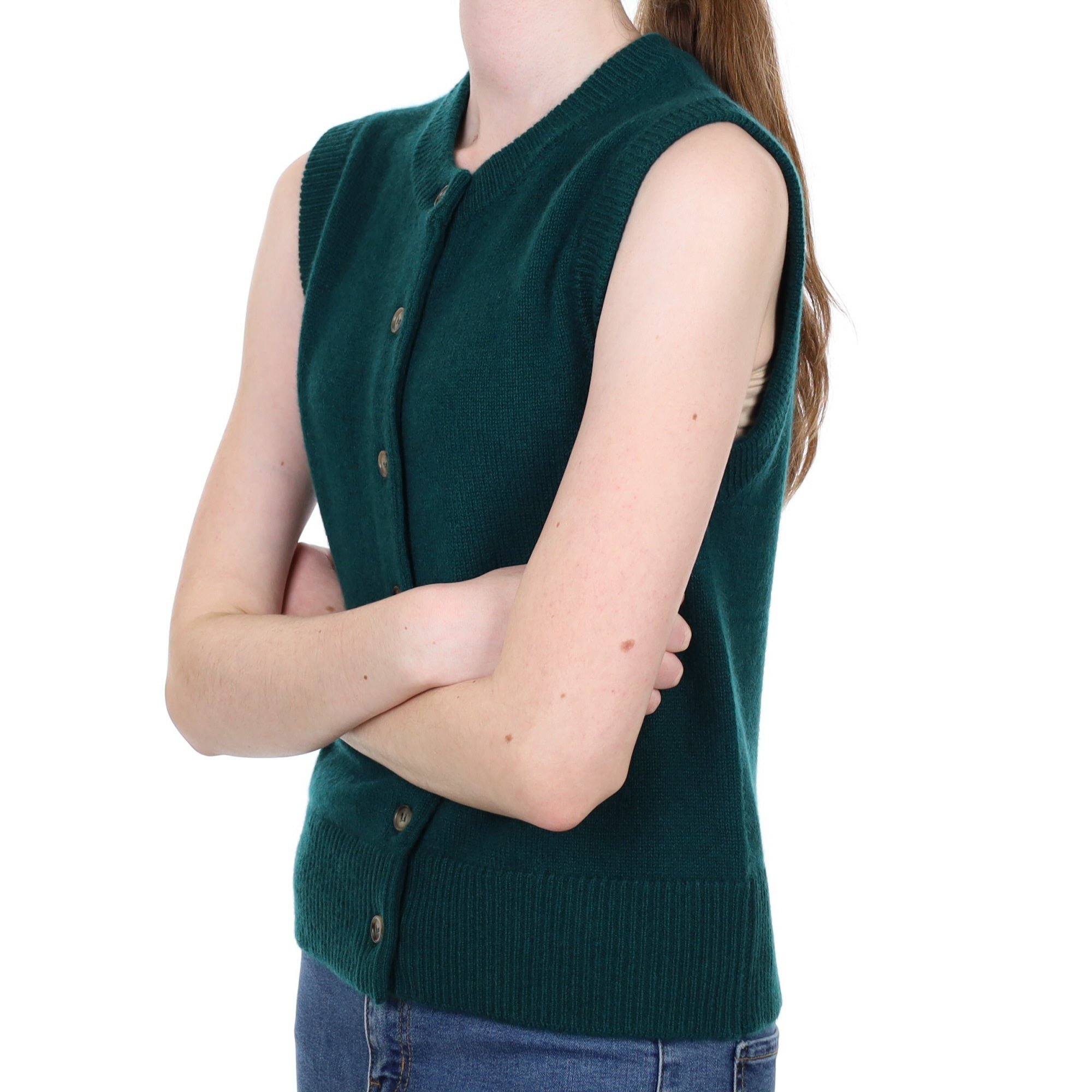 Brand New Forest Green Luxury Cashmere Crew Neck Waistcoat Extra Small UK 6-8