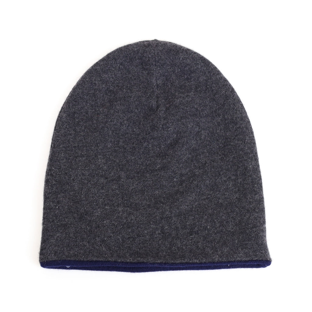 Navy and Charcoal Grey Reversible Cashmere Beanie Hat