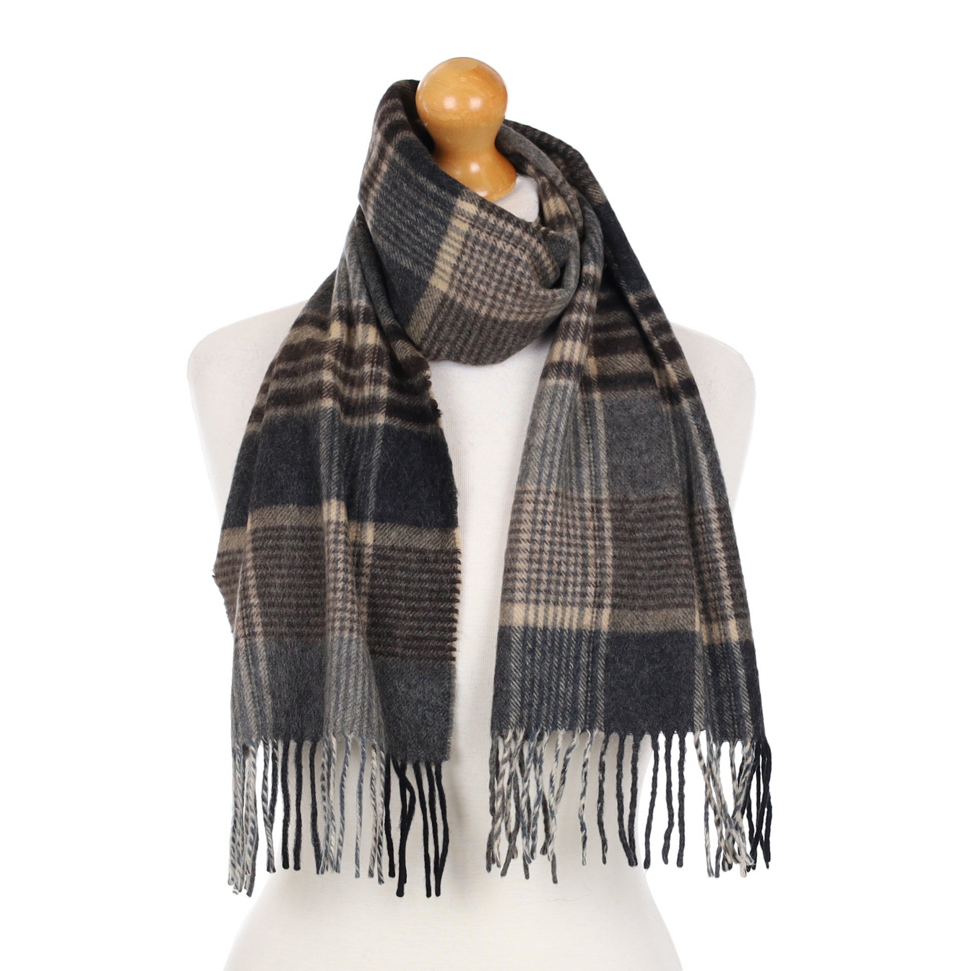 Fraas Grey and Brown Check Cashmere Fringed Woven Scarf