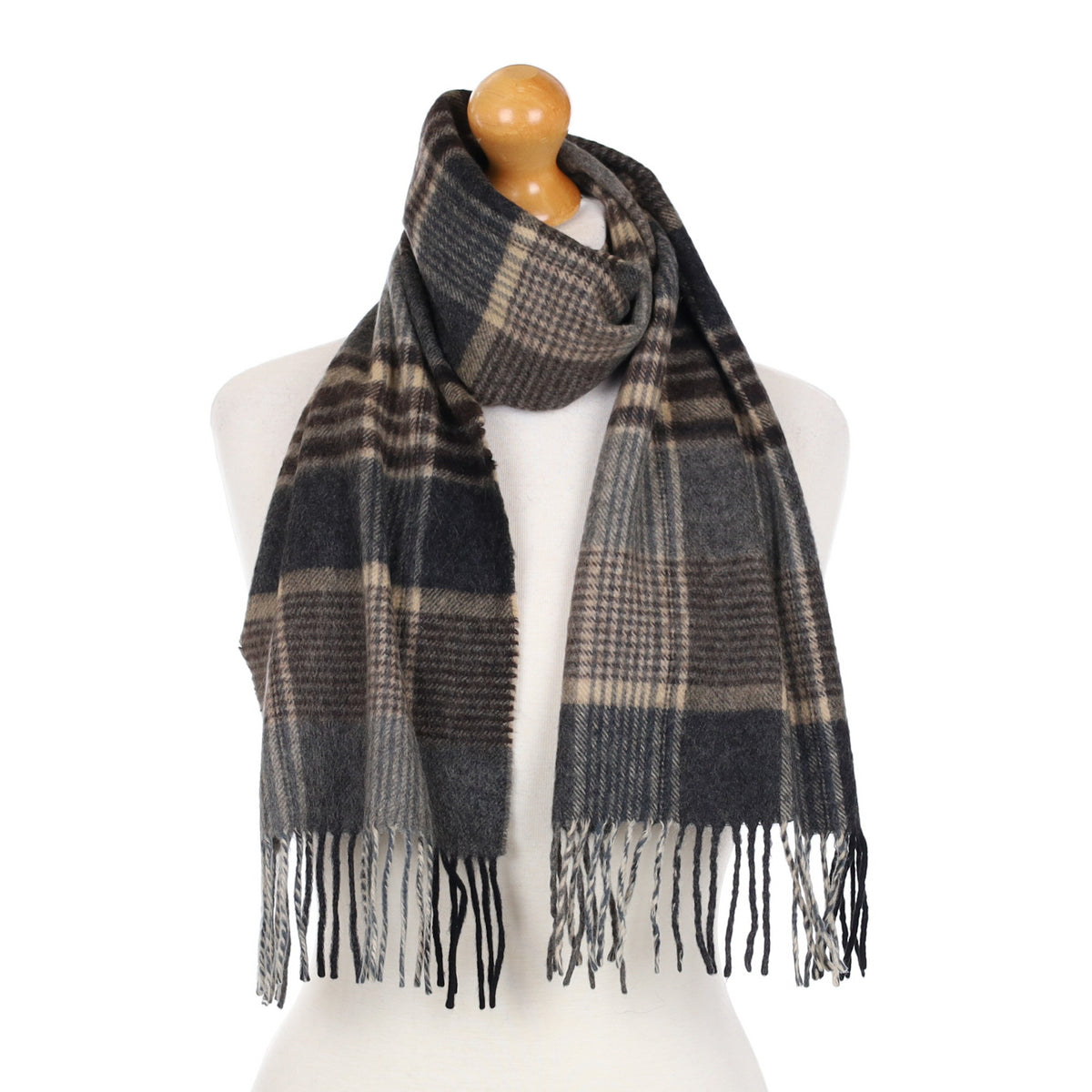 Fraas Grey and Brown Check Cashmere Fringed Woven Scarf