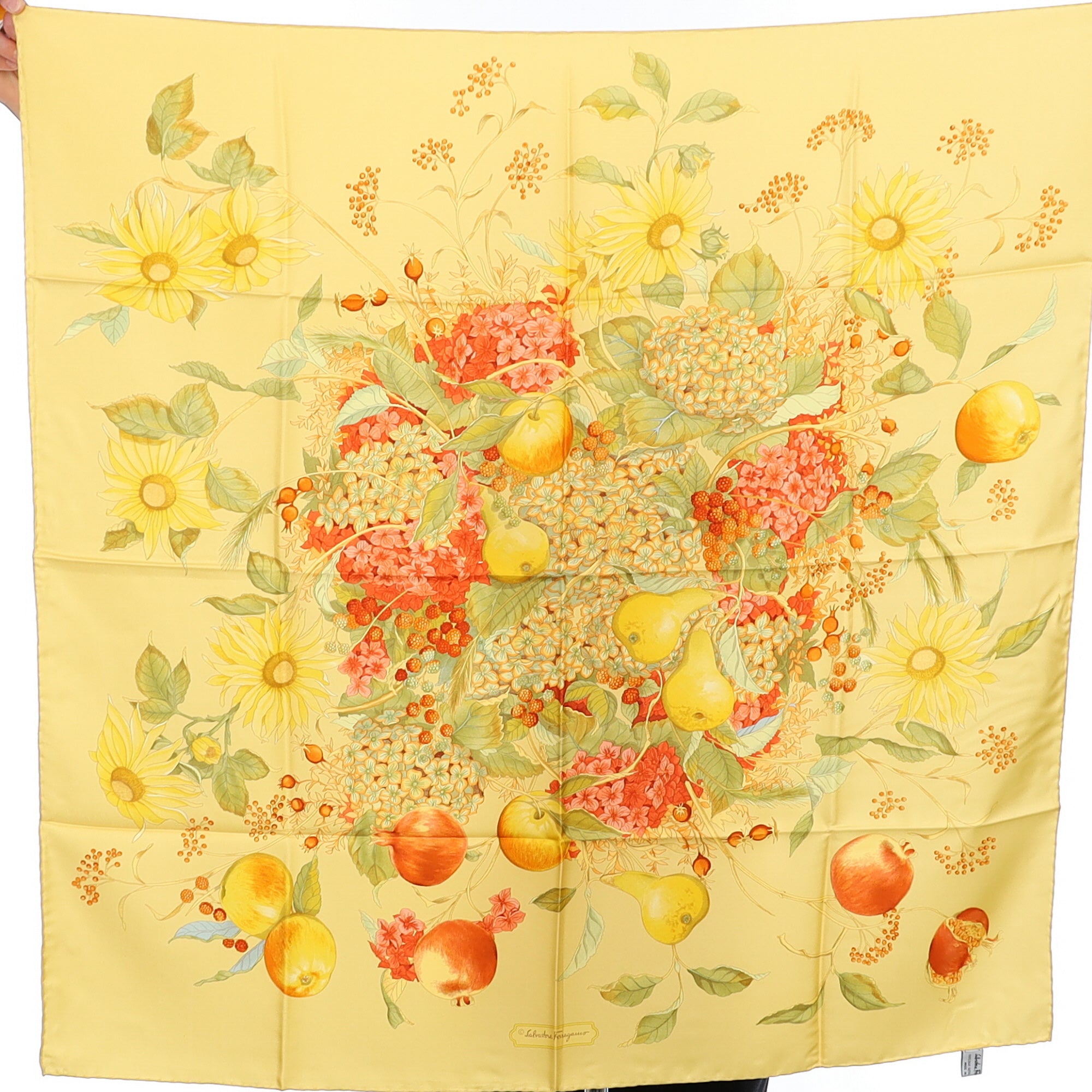 Brand New Boxed Salvatore Ferragamo Yellow Patterned Silk Scarf