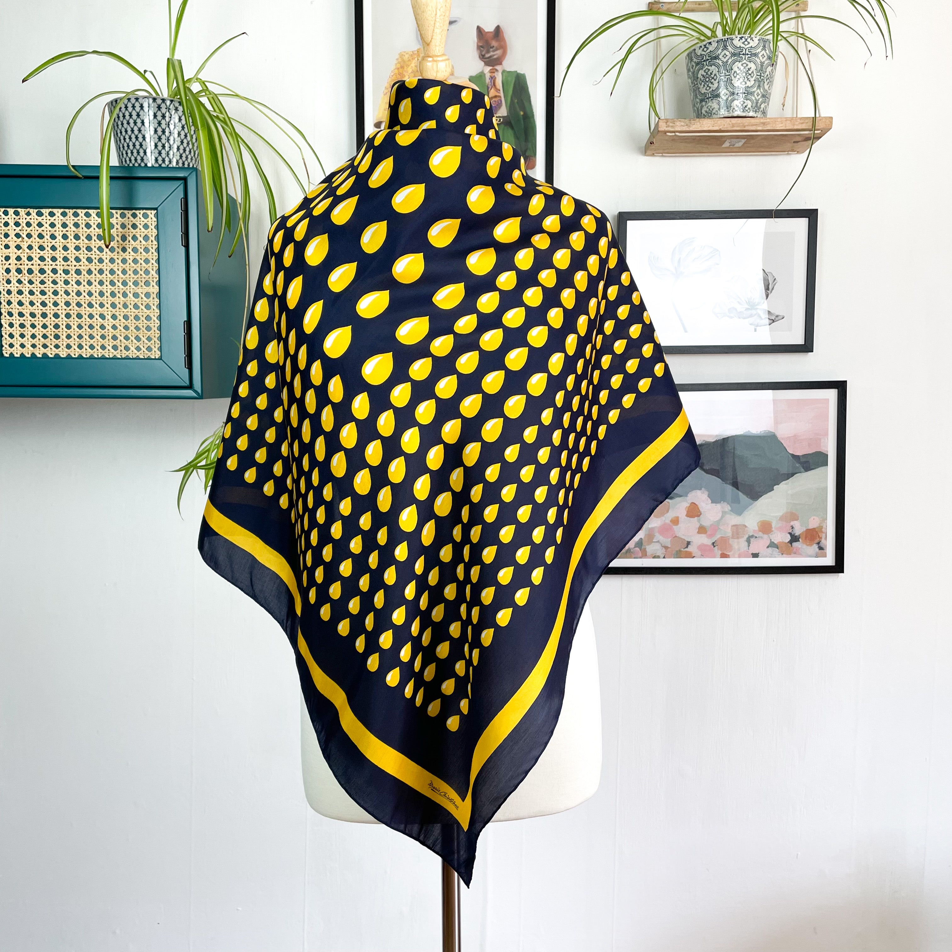 Large Italian Navy and Yellow Design Vintage Silk Scarf