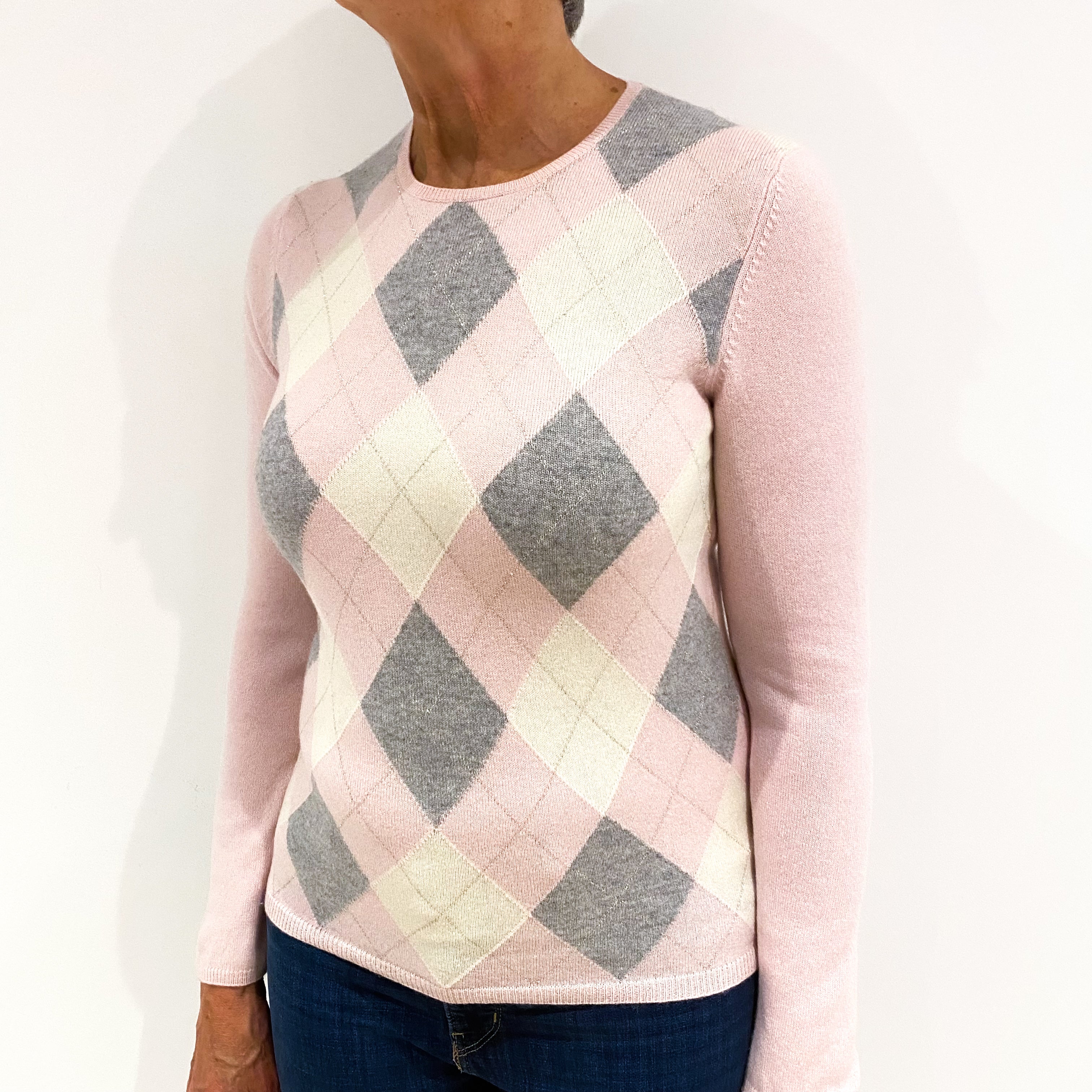 Pink, Grey and Cream Diamond Patterned Cashmere Crew Neck Jumper Medium