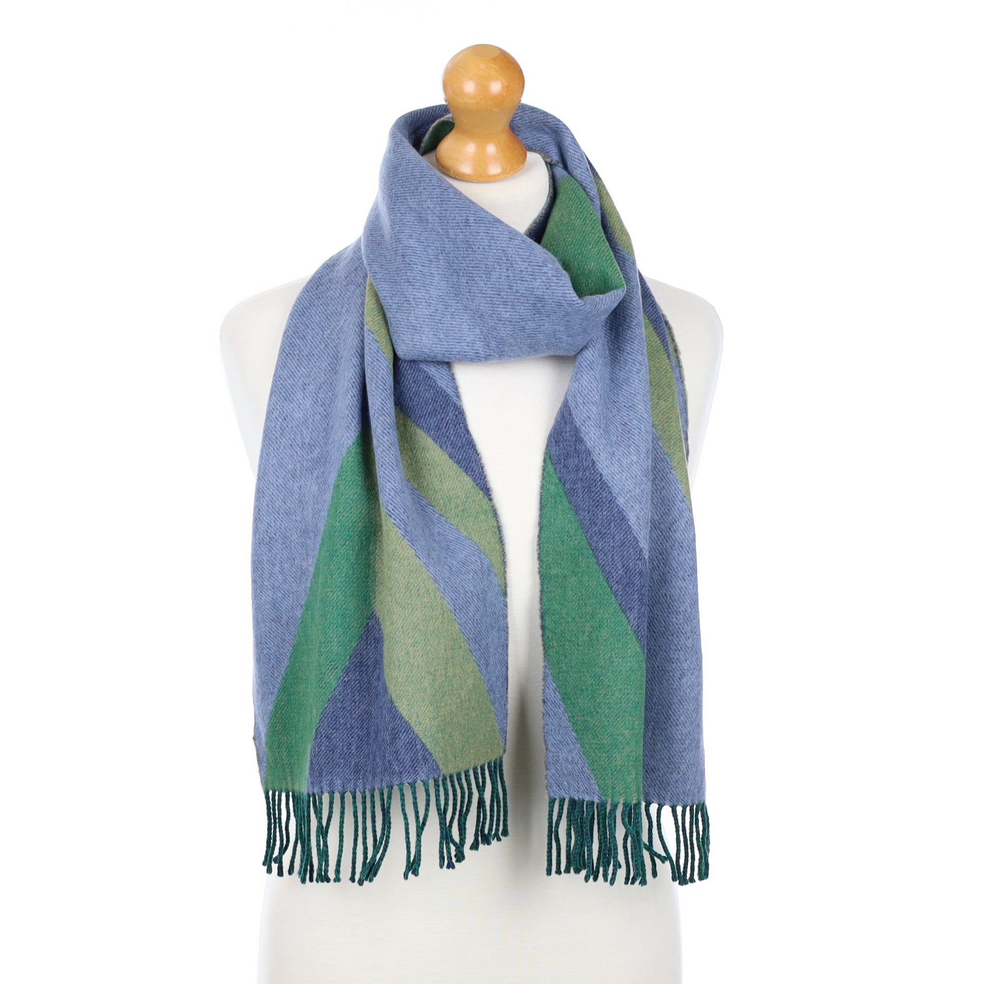 Blue and Green Geometric Patterned Fringed Cashmere Woven Scarf