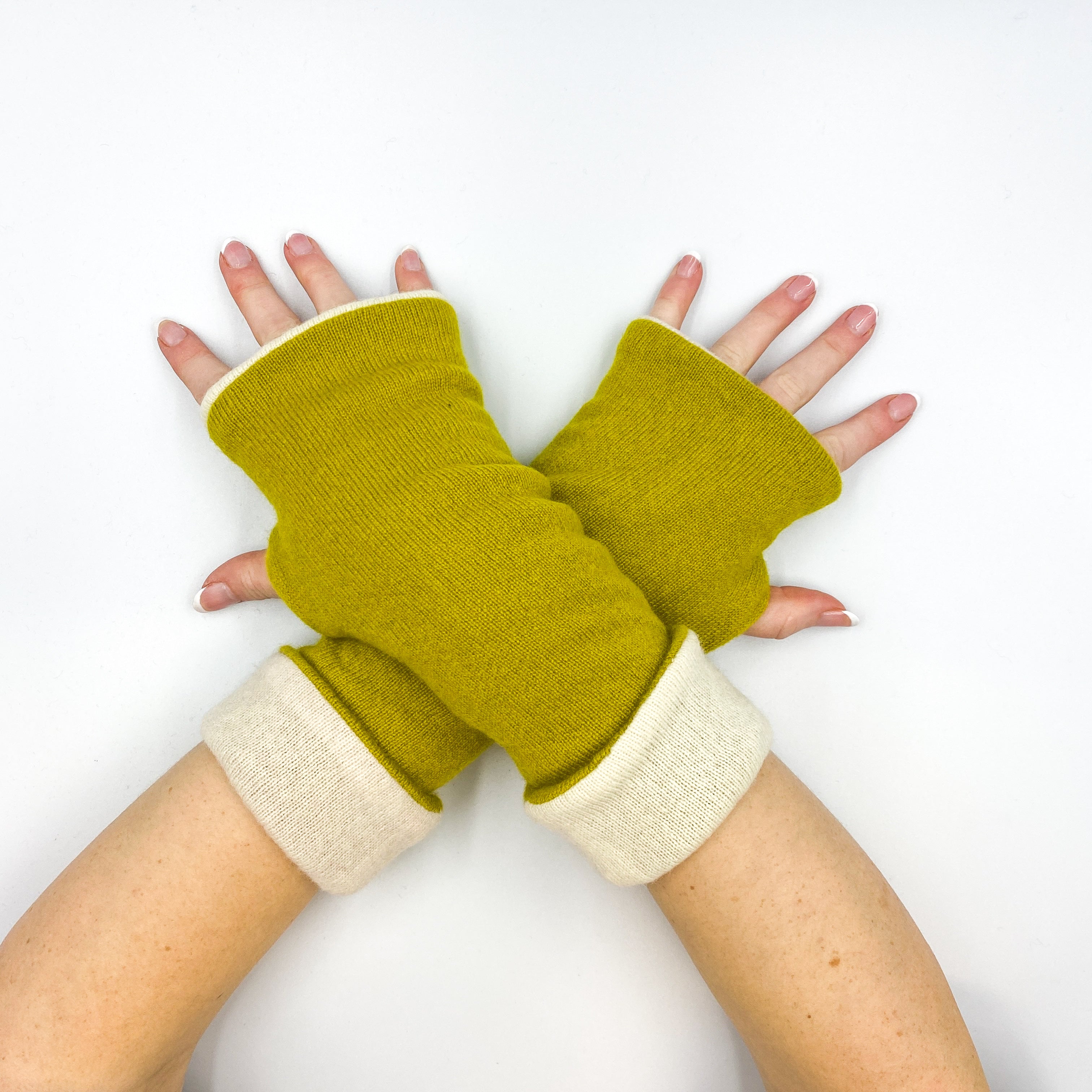 Lichen Green and Ivory Reversible Cashmere Fingerless Gloves