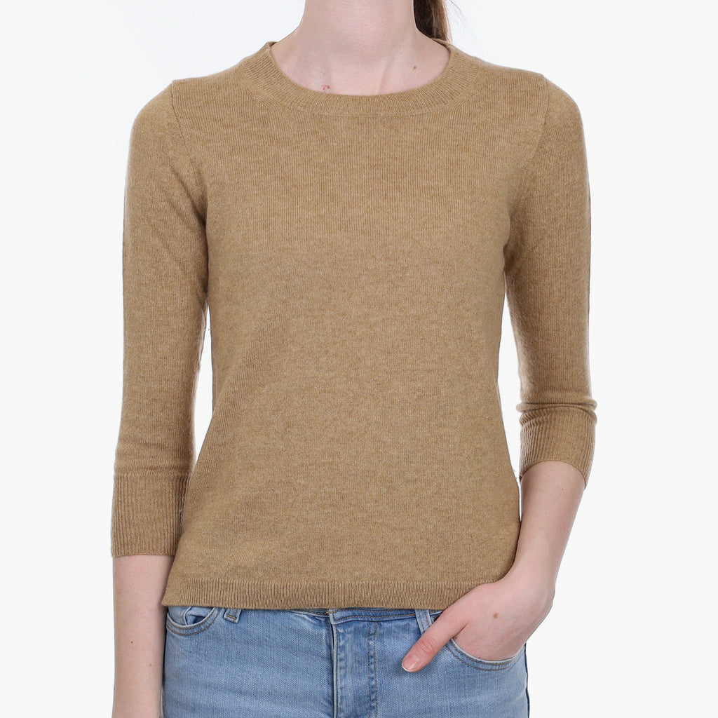 Fudge Brown Cashmere 3/4 Sleeve Crew Neck Jumper Extra Small