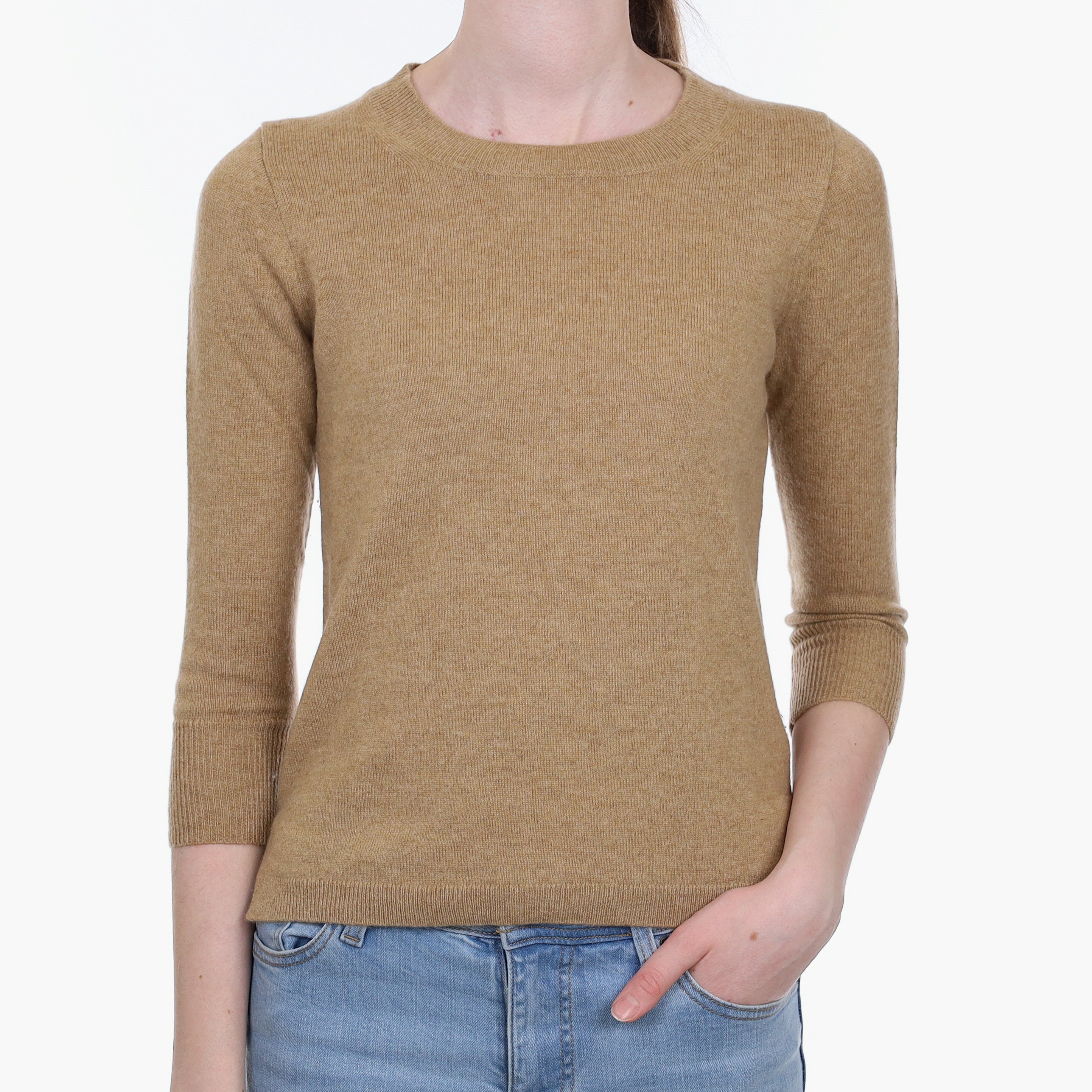 Fudge Brown Cashmere 3/4 Sleeve Crew Neck Jumper Extra Small