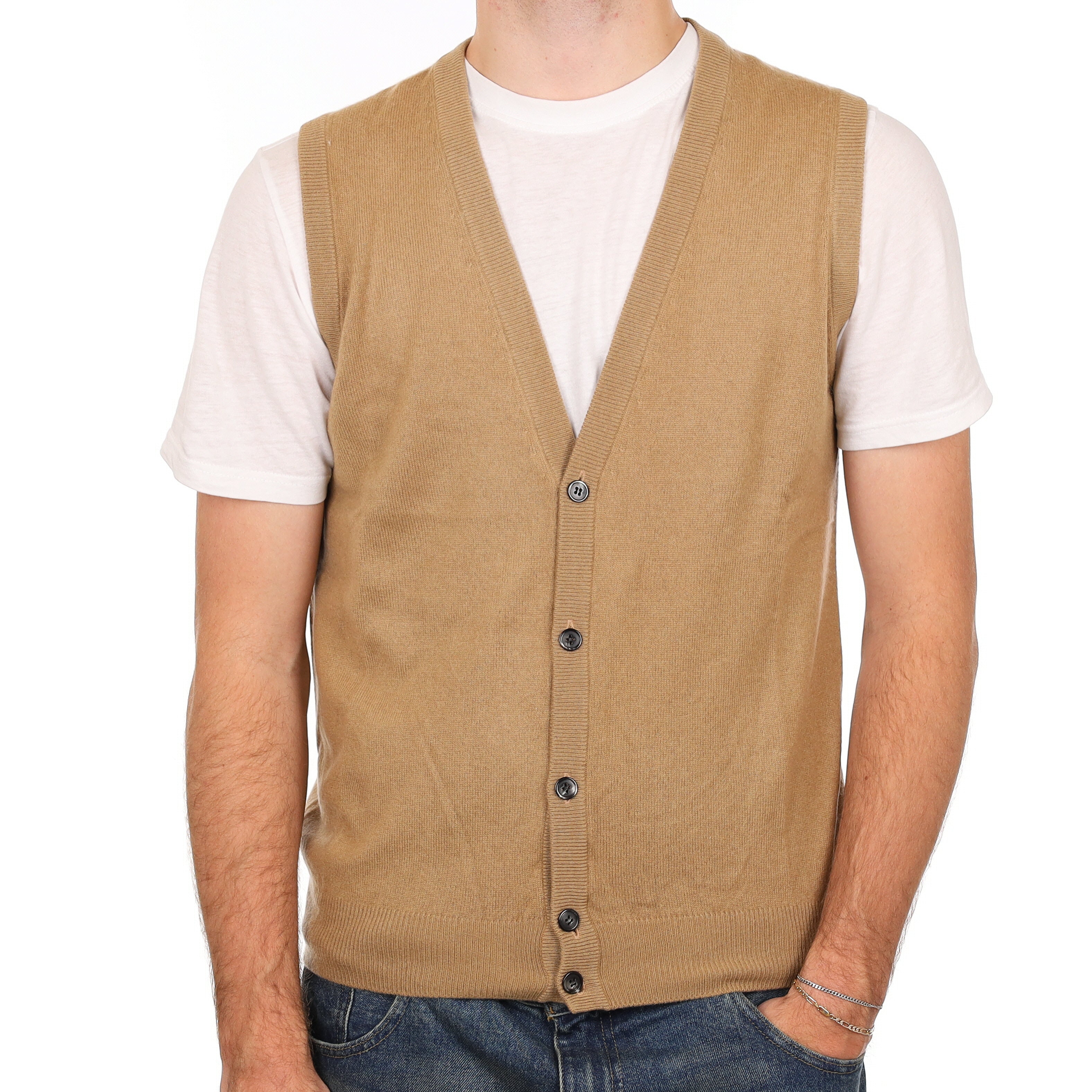 Men’s Camel Brown Cashmere V Neck Waistcoat Medium