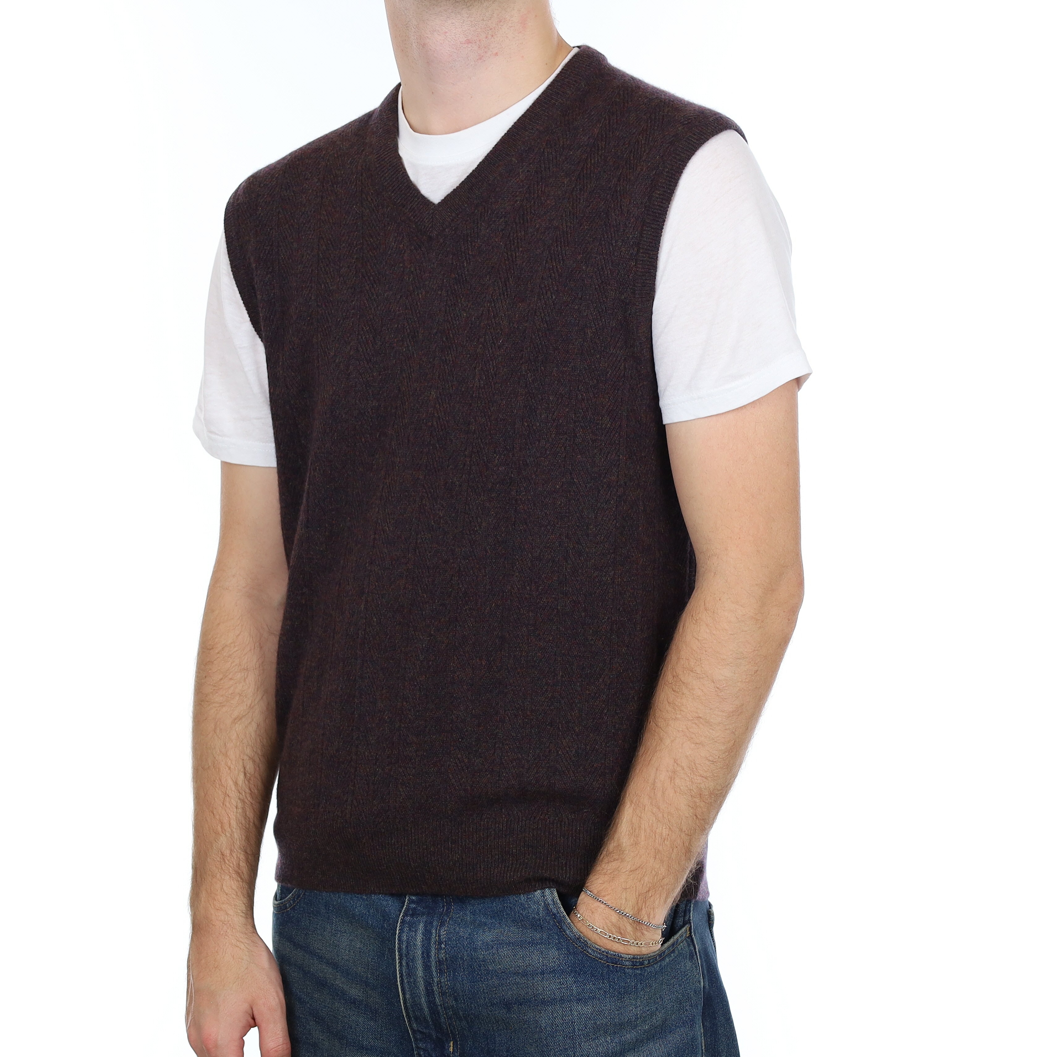 Men’s Brown Marl Cashmere V Neck Tank Top Large
