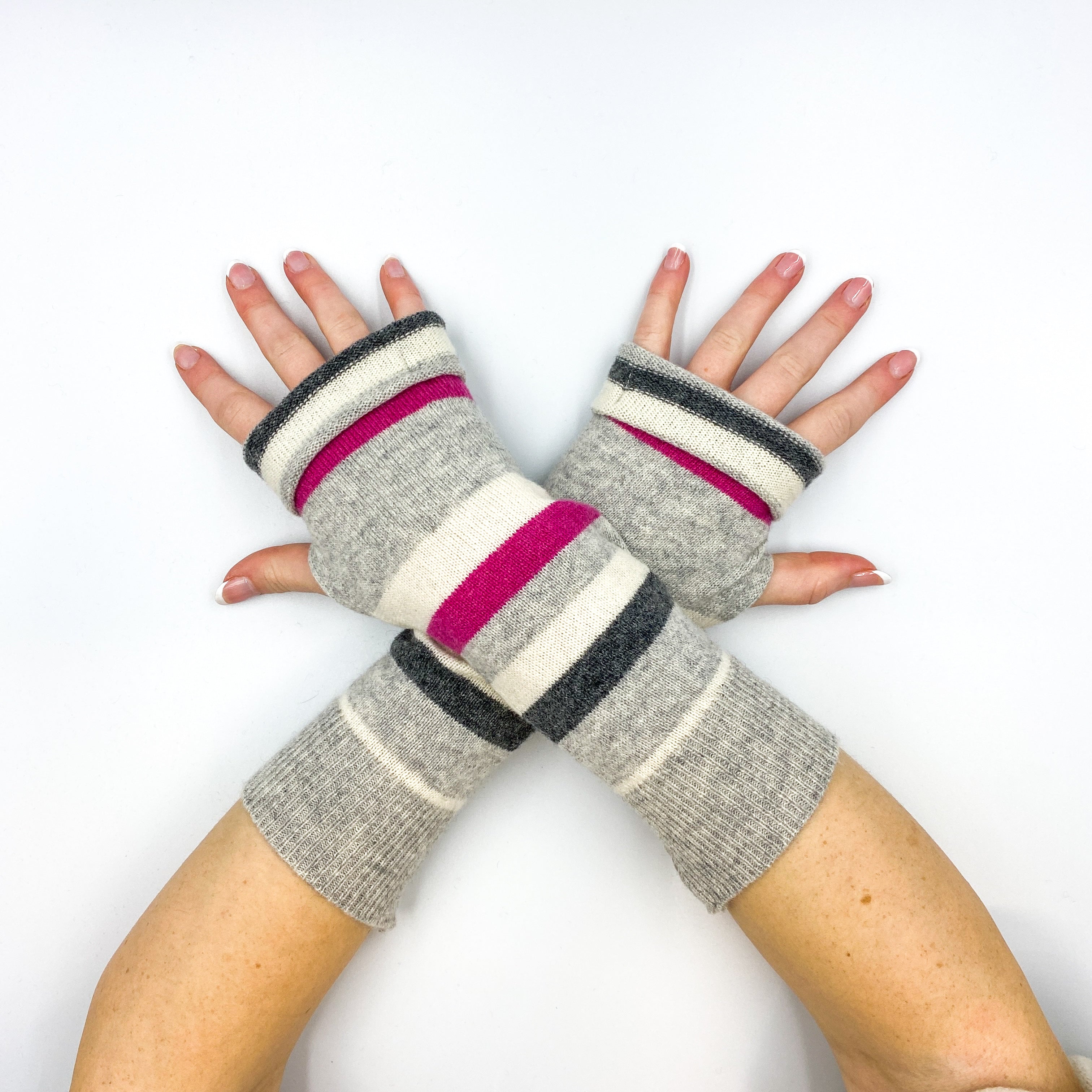 Grey and Fuchsia Stripe Fingerless Gloves